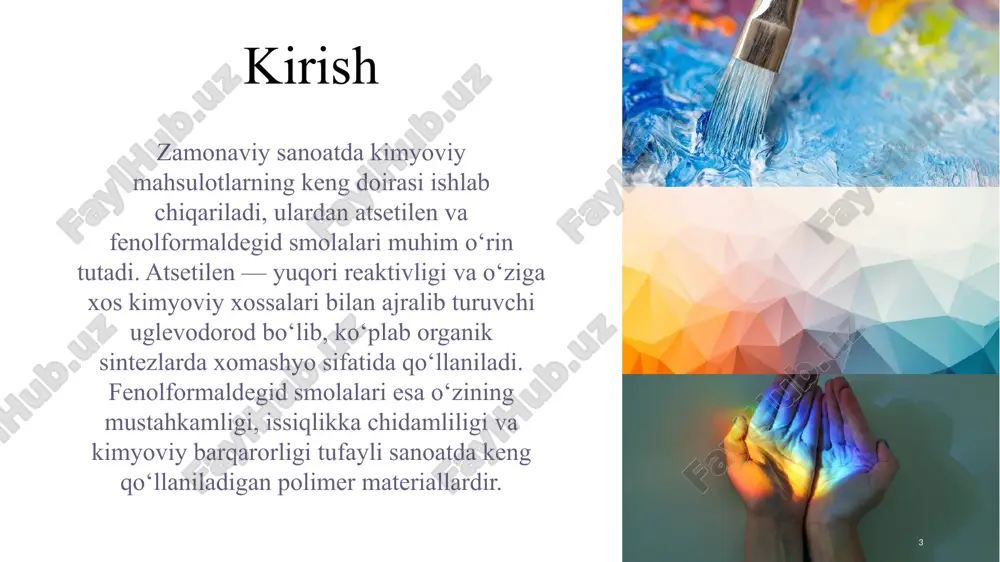 ng sintezi: sintez jarayoni katalizator turiga (kislotali yoki ishqoriy) va fenol/formaldegid nisbatiga qarab ikki asosiy turdagi smola hosil qiladi: novolak va rezol. 9 novolak smolasi (kislotali katalizda sintez): 9 reaksiya sharoiti: kislotali muhitda (masalan, hcl, h₂so₄) fenolning formaldegidga nisbatan ko‘p miqdorda (fenol : formaldegid nisbati > 1:1) ishtirokida sintezlanadi. jarayon: fenol va formaldegid kislotali muhitda isitiladi. dastlab fenolning o- va p- holatlariga formaldegid qo‘shilib, gidroksimetilfenollar hosil bo‘ladi. keyin bu birikmalar bir-biri bilan yoki boshqa fenol molekulalari bilan kondensatsiyalanib, chiziqli polimer zanjirlarini (novolak) hosil qiladi. bu jarayonda suv ajralib chiqadi. xususiyatlari: novolak smolasi dastlab termoplastikdir, ya’ni isitilganda yumshaydi va qolipga solinadi. uning qattiqlashishi (termoreaktiv holatga o‘tishi) uchun qo‘shimcha cross-bog‘lovchi agent (odatda geksametilentetramin – "heksamin") va yuqori harorat talab qilinadi. 10 10 reaksiya bosqichlari boshlanish: fenol + formaldegid → gidroksimetilfenollar. zanjir o‘sishi: gidroksimetilfenollar va fenol birikmalari o‘rtasidagi kondensatsiya → chiziqli novolak. qattiqlashish (curing): novolak + geksamin (isitilganda) → uch o‘lchamli to‘rsimon struktura …