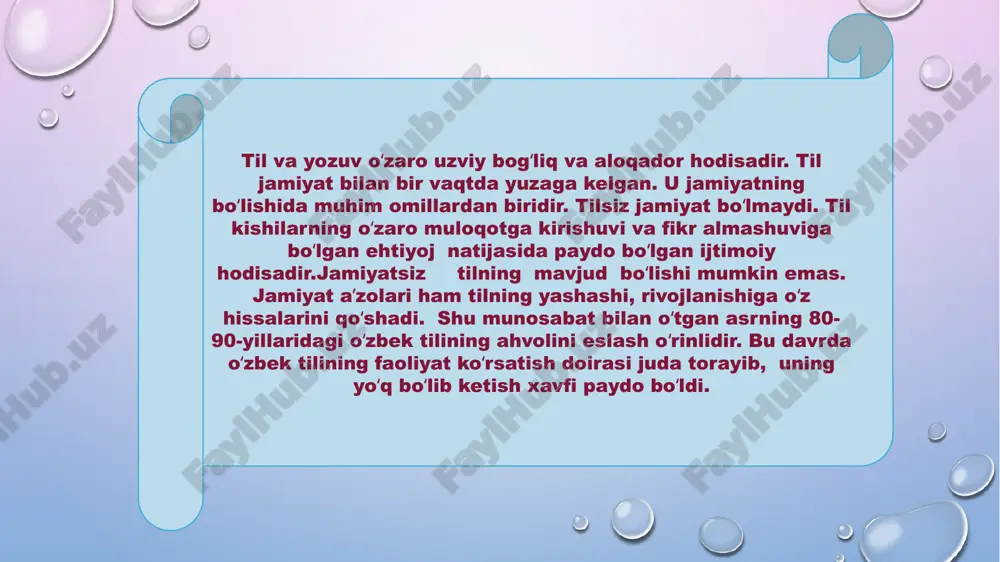 yrim oʻzgarishlar kiritildi va bu yozuvga toʻliq oʻtish muddati 2005-yil sentabr oyi deb belgilandi. oʻzbekiston respublikasining «davlat tili haqida» gi qonuni 1989- yili 21- oktyabrda qabul qilindi.mustaqillik sharofati bilan oʻzbek tili – davlat tiliga eʼtibor kuchaydi, ona tilimizning ijtiimoiy mavqeyi kengaydi. 1995- yilning 21 -dekabridaoʼzbekiston respublikasining yangi tahrirdagi «davlat tili haqida» giqonuni eʼlon qilindi. bu qonun 24 moddadan iborat boʻlib, uning birinchi moddasida asosiy qonunimiz boʻlgan konstitutsiyamizning toʻrtinchi moddasidayozilganidek «oʼzbekiston respublikasining davlat tili oʻzbek tilidir», debyozib qoʻyilgan. e’tiboringiz uchun rahmat ? image3.png image4.png image5.png image6.png image7.png image8.png image9.png image10.png image11.png image12.png image13.png image14.png image15.png image16.png image17.png image18.png image19.png image20.png image1.png /docprops/thumbnail.jpeg
