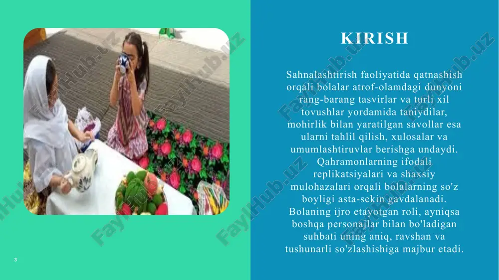 xususiyatlari; 8 bolalarning rolli o'yinlag xususiyatlagini hisobga olish maqsadida sahnalashtirilgan faoliyat uchun mo'ljallangan hudud jihozlari o'g'il bolalar hamda qiz bolalarning qiziqishlariga javob berishi kerak. shunday ekan, bolalarning sahnalashtirilgan faoliyatining hududini loyihalashtirish ko'rgazmali-fazoviy muhitni yaratishning asosiy tamoyillariga rioya etishni nazarda tutadi. bular quyidagilar: 8 - bolalarning hamkorlikdagi va shaxsiy faoliyati orasida muvozanatni ta'minlash; - norasmiy hududni tashkil etish; - tanlov xarakteri va erkinligini ta'minlash; - modellashtirish, qidirish va tajriba qilish uchun shart-sharoitlarni yaratish; - binolar va asbob-uskunalardan juda ko'p foydalanish; - jihozlar va materiallarning yoshi va jinsiga moslashtirilishi. 9 sahnalashtirilgan faoliyat bo'yicha mashg'ulotlar quyidagilardan iborat: - qo'g'irchoq teatrini tomosha qilish va ular haqida suhbatlashish; - drammalashtirish o'yinlari; - turli xil hikoyalar va sahna asarlarini tayyorlash va ijro etish; - ifodali ijroni shakllantirish bo'yicha mashqlar (og'zaki va og'zaki bo'lmagan); - axloqiy mashg'ulotlar bo'yicha alohida mashg'ulotlar; 10 xulosa xulosa qilib aytganda, bolalarning sahnalashtirish faoliyatini rivojlantirish va ularning ruhiy-sezgi tajribalarini jamlash - ota-onalarni ham …