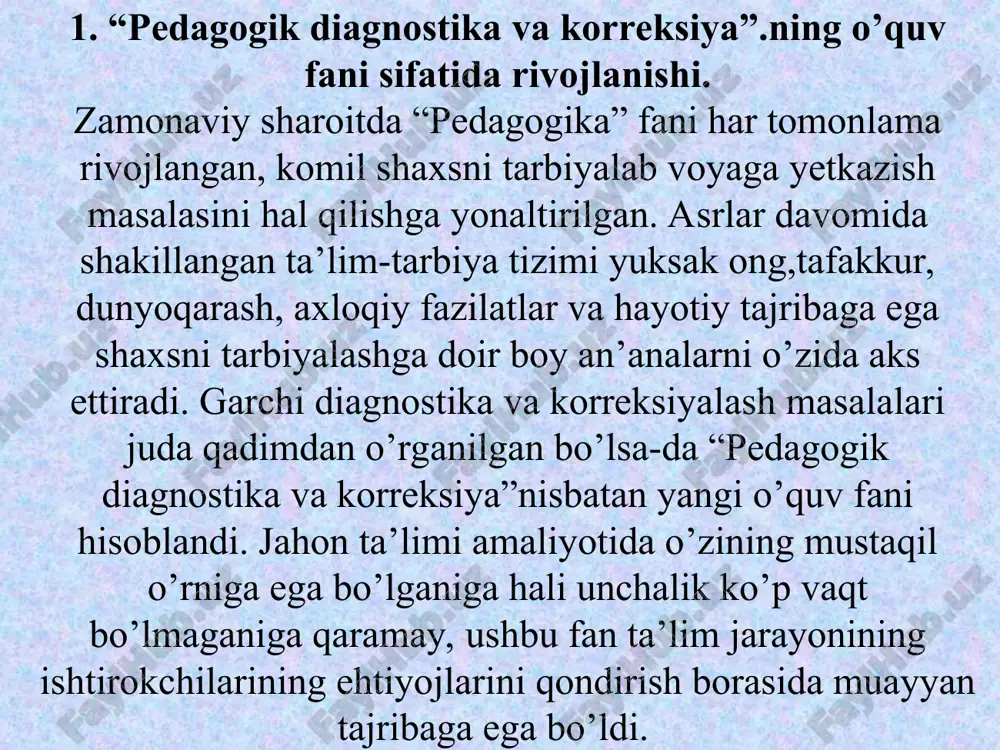 lim olish va kasbiy faoliyatga psixologik jihatdan tayyorlash jarayonining samaradorligini oshirish; o‘quv va tarbiya jarayoni, bu jarayonlarning muhim tarkibiy elementlarining natijadorligini ta’minlash; pedagogik diagnostika yordamida aniqlangan ma’lumotlarni tahlil qilish va baholash orqali maqsadli pedagogik ta’sirlar (hamkorlik choralari)ni belgilash samaradorligini kuchaytirish foydalanilgan adabiyotlar ro’yxati. 1. i.a.karimov. milliy istiqlol g’oyasi:asosiy:asosiy tushuncha va tamoyillar. –toshkent:”o’zbekiston” 1992. 2.m. qoshg’ariy “devonu lug’oti-turk”-toshkent.fan, 1972 3. sh. usanov. “pedagogika tarixi” fanidan ma’ruzalar mashg’ulotlar ishlanmasi. – samarqand 2015. 4 r. musurmonova. “avesto va uning tarbiyaviy ahamiyati”. – samarqand 2015