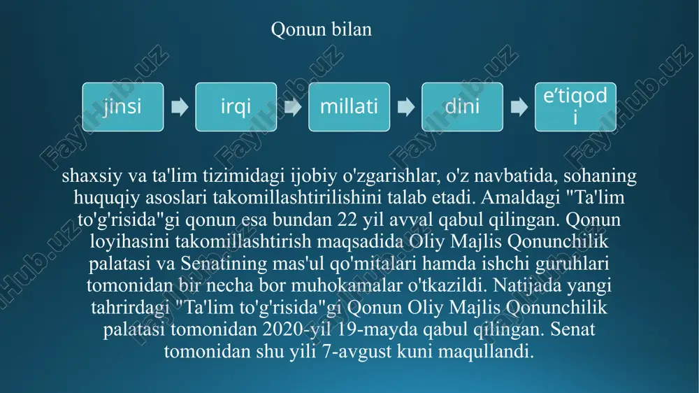 olda ta'lim olish (kunduzgi ishlab chiqarishdan ajralmagan holda ta'lim olish (sirtqi, kechki, masofaviy); dual ta'lim; oilada ta'lim olish va mustaqil ta'lim olish; katta yoshdagilarni o'qitish va ularga ta'lim berish; inklyuziv ta'lim; eksternat tartibidagi ta'lim; mudofaa, xavfsizlik va huquqni muhofaza qilish faoliyati sohasida kadrlar tayyorlash. xulosa biz yoshlarga ta'lim to'g'risida qanchadan-qancha yangiliklar, shart-sharoitlar, samarali o'qitish usullari, zamonaviy darsliklar va eng asosiysi biz uchun yaratilayotgan imtiyozlardan oqilona foydalanishimiz kerak. chunki shiddat bilan rivojlanayotgan bir paytda biz yoshlarning innovatsion g'oyalarimiz, zamon talabiga mos bilimlarimiz, ta'lim tizimi takomillashgan mamlakat yoshlari yaratayotgan qulayliklarni yaratish o'zbekiston yoshlarini ham muhim maqsadlaridan biri desam mubolag'a bo'lmayman. mamlakatimiz yuksalishi, rivojlangan davlatlar qatorida bo'lishi, buyuk bobolarimiz avlodiga munosib bo'lishimiz bugungi ta'lim tizimiga, olayotgan bilimlarimizni mustahkamlab borishimiz va uni amaliyotda qo'llay bilishimiz biz uchun muhim. marhum birinchi prezidentimiz i.a.karimov-"farzandlarimiz bizdan ko'ra bilimli, kuchli, aqlli, dono va albatta baxtli bo'lishlari shart" degan so'zlari biz yoshlarga ertangi kunimiz uchun yanada kuch, umid va …