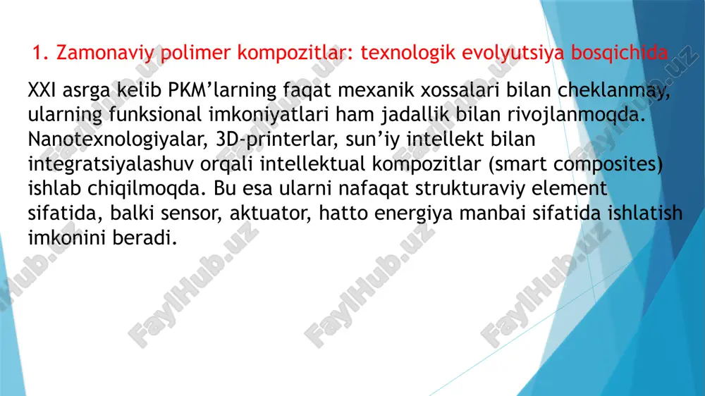 kirish fazasida (re-entry) kuyib ketmaydigan termo-kompozitlar. radarni “ko‘rmas” qiluvchi kompozitlar: stealth texnologiyalar uchun elektromagnit to‘lqinlarni yutuvchi materiallar. kosmik strukturalar: modulli va yengil karbonli strukturalar sun’iy yo‘ldoshlar, dronlar va mars roverlarida qo‘llaniladi. xulosa polimer kompozitsion materiallarning istiqboli ulkan. ular sanoatning faqatgina tayanch konstruktsiyaviy elementi sifatida emas, balki intellektual, ekologik va ko‘p funksiyali materiallar sifatida har bir sohaning tarkibiy qismina aylanish arafasida turibdi. tibbiyotdan tortib kosmik texnikalargacha bo‘lgan barcha yo‘nalishlarda pkm’lar yordamida innovatsion, bardoshli va aqlli yechimlar ishlab chiqilishi — ilm-fan va texnologiyalar integratsiyasining yorqin dalilidir. e’tiboringiz uchun rahmat