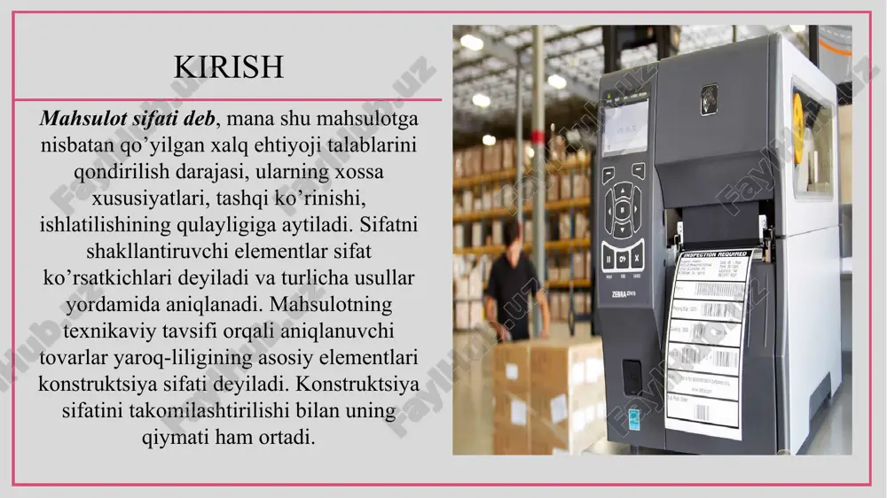 ati turidir” amalga oshirish funktsiyasi konstruktsiyaning loyihalashtirilgan sifatini tayyor mahsulotda mujassamlashuvini bildiradi. u texnologik jarayonlarni loyihalashtirish, qo’llanadigan dastgohlar, mashinalar, instrumentlar turini, shuningdek ishni bajarish va nazorat qilish uslublarini aniqlashni o’z ichiga oladi. nazorat funktsiyasi mahsulot ishlab chiqarish bosqichidagina emas, uni realizatsiya qilish bosqichida ham amalga oshiriladi. boshqacha aytganda, mahsulotning yaroqliligi uni sotilishi bilan tasdiqlanadi. boshqaruvning ta’siri funktsiyasi mahsulotni realizatsiya qilish chora-tadbirlarini belgilash, agar sotilgan tovar sifat shartlariga javob bermasa unga qayta ishlov berishni tashkil etishni o’z ichiga oladi. 2. mahsulot sifati ko’rsatkichlarining turlari. mahsulot sifati darajasini baholash. mahsulot sifatini baholash va uni oshirish uchun sifat darajasini baholash zarurdir. mahsulot sifatini miqdoriy jihatdan baholash bilan bog’liq bo’lgan faoliyat sohasiga kvalimetriya deyiladi. mahsulotning sifati darajasini baholash mahsulot sifatini sistemasida zaruriy boshqaruv ta’sirini amalga oshirishda asos bo’lib xizmat qiladi. umumiy ko’rinishida mahsulot sifatini baholash quyidagi bosqichlarda amalga oshirilishi mumkin. sifat darajasini baholashdan maqsad sifat ko’rsatkichlari nomenklaturasini tanlash sifatning baza ko’rsatkichlarini tanlash uslublarni tanlash …