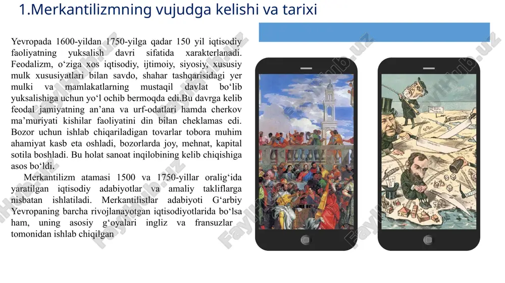 lber olib borgan iqtisodiy siyosat va fransuz merkantilizmi kolbertizm deb atala boshladi. j.b.kolberning asosiy g‘oyalari va ularning hayotga tatbiq etilishi quyidagicha tavsiflanadi: 1.fransiya tashqi savdosini faollashtirishga hxar tomonlama ta’sirko‘rsatdi. 2.tashqi bozorga tovar ishlab chiqarishni hisobga olgan holda manufaktura sanoatini rivojlantirishga imkoniyat yaratib berdi angliya merkantilizmining ancha yirik vakili uilyam staffordning (1154–1612.) hayot faoliyati to‘g‘risidagi ma’lumotlar juda kam. uning faqat boy savdogar oilasidan kelib chiqqanligi va “bizning vatandoshlarning ba’zi bir shikoyatlarining qisqacha bayoni” asarini yozganligi ma’lum. unda u.stafford merkantilizm uchun xarakterli bo‘lgan quyidagi g‘oyalarni ilgari surgan: 1 ) muomalada buzilgan pullar emas, balki to‘la qimmatli pullar bo‘lishi kerak, chunki faqat ular tashqi tovar aylanmasida yaroqli hisoblanadi; 2) chetga xomashyo chiqarishni man etishni taklif etadi (keyin undan tayyor mahsulot ishlab chiqarilib yuqori bahoda angliyaga qaytib kelmasin); 3) katta miqdordagi pulning chetga chiqib ketishiga yo‘l qo‘ymaslik uchun qimmatli xorijiy tovarlarni (zeb-ziynat buyumlari) iste’mol qilishni man etishni talab qilib chiqdi; 4) angliyada ishlab chiqarilishi …