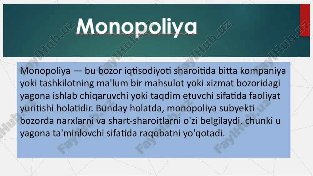 iga olib keladi. ikkinchidan, monopolist bo‘lmagan, mayda, raqobatlashuvchi soha korxonalariga nisbatan monopolistik korxonalarda ishlab chiqarishga ilmiy-texnika taraqqiyoti yutuqlarini joriy etish uchun ko‘proq rag‘bat va imkoniyat mavjud bo‘ladi. monopoliyaning salbiy tomoni sifatida quyidagi jixatlarni ko‘rsatish mumkin: resurslarning oqilona taqsimlanmasligi. daromadlardagi tengsizlikning kuchayishi. iqtisodiy turg‘unlik va fan-texnika taraqqiyotining sekinlashuvi. iqtisodiyotda demokratik harakatlarning to‘sib qo‘yilishi. xulosa va takliflar monopoliyalar bozorning samarali ishlashini va raqobatni kamaytirishi mumkin. shu sababli, monopoliyalarni cheklashda davlatning ro'li katta ahamiyatga ega. davlatning asosiy vazifasi bozorni raqobatbardosh qilish, iste'molchilarning manfaatlarini himoya qilish va iqtisodiy samaradorlikni ta'minlashdir. davlat o'zining qonun chiqaruvchi, nazorat qiluvchi va tartibga soluvchi rolida monopolistik faoliyatlarning oldini olish, bozorni diversifikatsiya qilish va kichik kompaniyalarni qo'llab-quvvatlashga harakat qiladi. test savollari 1. monopoliya nima? a) bir nechta kompaniyalar o'rtasidagi raqobat b) bir kompaniyaning bozorni to'liq egallashi c) bozorda davlatning to'liq hukmronligi d) bir xil mahsulotni ishlab chiqarayotgan turli kompaniyalar 2. monopoliyani cheklashda davlatning asosiy maqsadi nima? a) bozorda yagona kompaniya …