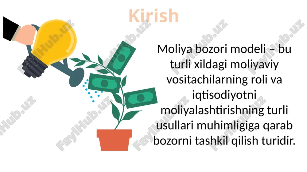 an muddatda bajariladi. 8. masshtabi bo’yicha: - milliy bozor (mamlakat ichida faoliyat ko’rsativchi); - regional (hududiy, territorial) bozor (masalan, evrobozor, evrazes bozori); - moliyaviy globallashgan jahon (xalqaro) bozori. 9. tovar hususiyati bo’yicha: - pul va pul asosli instrumentlar (valyutlar, sdr, ssduda, kredit, bank kartochkalari, lotereyalar va h.k.) bozori; - sug’urta instrumentlari (polislar) bozori; - bazaviy qimmatli qog’ozlar (aksiya va obligatsiyalar, sertifikatlar va h.k.), ya’ni ulush va qarz munosabatlariga asoslangan qog’ozlar, bozori; - qimmatli qog’ozlarning hosilalari (derivativlar: optsion, fyuchers, svop, forvard, depozitar tilhatlar, depozitar aktsiyalar) bozori. 10. infratuzilma bo’yicha: - funksional tuzilmasi, bozorni (segmentlari, turlarini) o’z funktsiyalarini bajarishi; - institutsional (operatsion) tuzilmasi, bozor qatnashchilarining faoliyat turlarini amalga oshirishi. moliya bozorining tarkibiy tuzulishi qimmatli qog'ozlar bozori - qimmatli qog'ozlar bo'yiicha talab va taklif funktsiyasi hamda ular vositasida jamg'armalami investitsiyalarga transfomatsiyalanishi uchun zaruriy shart-sharoitlarni ta’minlab beruvchi, faoliyati maxsus iqtisodiy-huquqiy-informatsion mexanizm bilan ta’minlangan va tartibga solinuvchi bozor. aksiya – bu korxona mulkdorlari tomonidan uning …