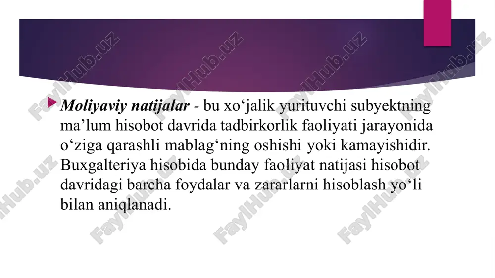 kibida aks ettirilishi kerak bo‘lgan o‘tgan davr xarajatlari kirmaydi. favqulodda foyda va zararlar quyidagi hisobvaraqlarda aks ettiriladi: 9710-"favqulodda foyda" 9720-"favqulodda zarar". ushbu hisobvaraqlar tranzit bo‘lib, 9710-hisobvaraq passiv, 9720-hisobvaraq aktiv xarakterga ega. yakuniy moliyaviy natija - bu korxonaning hisobot davrida jami faoliyat turlaridan olingan daromadlari bilan jami faoliyat bo‘yicha ko‘rilgan zararlarining farqidir. yakuniy moliyaviy natija buxgalteriya hisobida 9900-"yakuniy moliyaviy natija" hisobvarag’ida hisobga olib boriladi. ushbu hisobvaraq tranzit bo‘lib, aktiv-passiv hisobvaraq xarakteriga ega. hisobvaraqning debetida zararlar, kreditida esa foyda aks ettiriladi. e’tiboringiz uchun raxmat image1.jpeg /docprops/thumbnail.jpeg