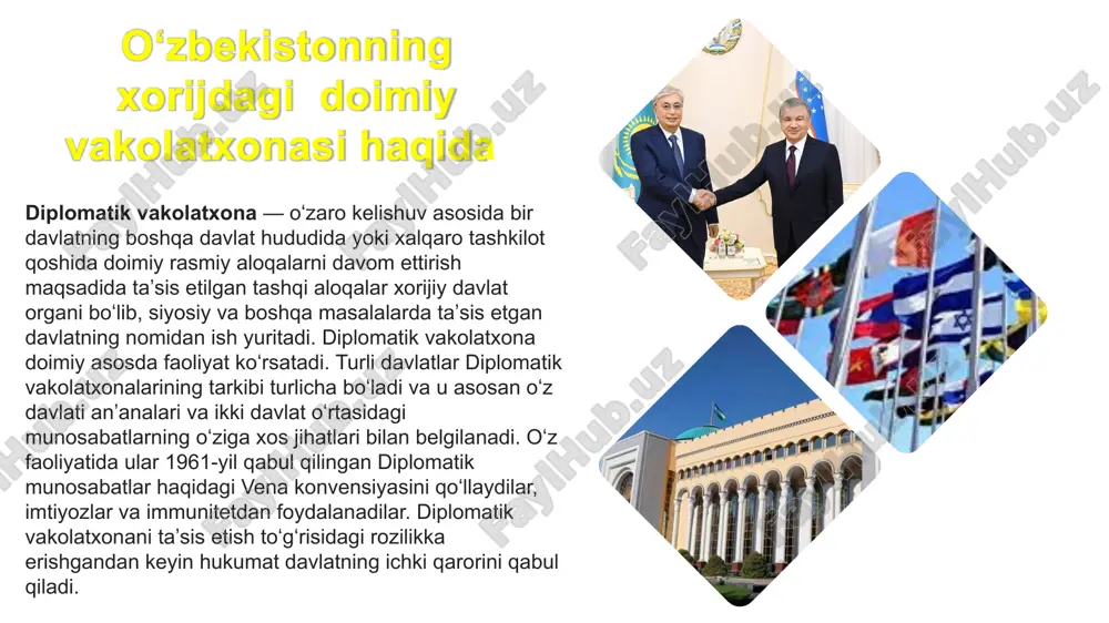 avrda barqaror rivojlantirishga qaratilgan bmt loyiha va dasturlarining asosi hisoblanadi. u o'zbekiston hukumati, parlament va fuqarolik jamiyati bilan hamkorlikda shakllantirilgan bo'lib, strategik ahamiyatga ega uch maqsadni qamrab oladi: samarali boshqaruv va barcha uchun adolatni ta’minlash. salomatlik, farovonlik va taraqqiy etishda inson kapitalini inklyuziv rivojlantirish. barqaror, iqlim o'zgarishiga mas’ul va keng ko'lamli rivojlanishga erishish. prezident “o‘zbekiston respublikasining xorijdagi ayrim muassasalari tashkiliy-shtat tuzilmasini takomillashtirish va faoliyatining samaradorligini oshirish chora-tadbirlari to‘g‘risida”gi qarorni imzoladi. qayd etilishicha, hujjat siyosiy, savdo-iqtisodiy va madaniy-gumanitar sohalarda ikki tomonlama va ko‘p tomonlama hamkorlikning ustuvor yo‘nalishlarini yanada ilgari surish va amalga oshirish, shuningdek, o‘zbekiston respublikasi fuqarolarining huquqlari va qonuniy manfaatlarini samarali himoya qilishni ta'minlash maqsadida qabul qilindi: qarorga ko‘ra, 2020 yilning 1 fevralidan o‘zbekistonning bmt huzuridagi doimiy vakolatxonasi va o‘zbekistonning nyu-york shahridagi (aqsh) bosh konsulxonasi shtatlar jadvaliga mehnatga haq to‘lash fondini tegishli ravishda o‘zgartirgan holda tegishlicha haydovchi-mexanik va birinchi kotib qo‘shimcha lavozimlari kiritildi. o‘zbekiston respublikasining bmt huzuridagi doimiy vakolatxonasi va …
