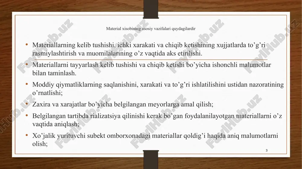 bo’yicha pastdan yuqoriga qarab hisobdan chiqariladi) aveko usuli materiallarni boholash tartibi 3 310 000:4800=689,33 2800x689,58=1 930 833.33 1400x689,58=965 412 material sarifi miqdori narxi (so’m) qiymati (m. so’m) 1-partiya 1000 600 600 000 2-partiya 1700 800 1360 000 3-partiya 1500 900 1350 000 jami 4800 3310 000 o’rtacha narxi 689.58 jami sariflangan material 2800 689.58 1 930 833.33 ombordagi qoldiq 1400 689.58 965 412 13 fifo usulida materiallarni baholash tartibi (1000x600)+(1700x800)+(100x900)= = 2 050 000 14000x900=1 260 000 materiallar sarifi miqdori narxi (so’m) qiymati (m. so’m) 1-partiya 1000 600 600 000 2-partiya 1700 800 1 360 000 3-partiya 100 900 90 000 jami sariflangan material ombordagi qoldiq 2800 1400 900 2 050 000 1 260 000 lifo usulida materiallarni baxolash tartibi material sarifi miqdori narxi (so’m) qiymati (m. so’m) 1-partiya 1500 900 1350 2-partiya 1300 800 1040 3-partiya - - jami sariflangan material 2800 2390 ombordagi qoldiq 400 1000 800 600 …