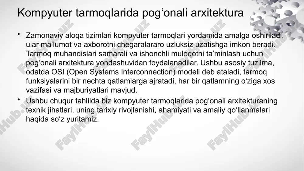 dularity): qatlamli arxitektura boshqa tarmoqli arxitektura modellari bilan solishtirganda ko‘proq modulli hisoblanadi. modullik qatlamlar orasidagi mustaqillikni oshiradi va ularni tushunishni osonlashtiradi. oson sinash (easy to test): har bir qatlam o‘ziga xos va maxsus vazifani bajaradi. shuning uchun har bir qatlam alohida tahlil qilinishi va sinovdan o‘tkazilishi mumkin. bu muammolarni bir vaqtda hal qilishdan ko‘ra samaraliroqdir. o‘lchamlilik (scalability): tarmoqlar kattalashgani sayin yangi qatlamlar yoki protokollar qo‘shilishi mumkin, shu bilan mavjud funksionallik saqlanadi va yangi talablar qondiriladi. xavfsizlik (security): qatlamli usul turli darajalarda xavfsizlik choralarini qo‘llash imkonini beradi, bu esa turli tahdidlardan himoya qiladi. samaradorlik (efficiency): har bir qatlam ma’lum bir kommunikatsiya jihatiga e’tibor qaratadi va resurslarni taqsimlash hamda ish faoliyatini optimallashtiradi. qatlamli arxitekturaning rivojlanishi kompyuter tarmoqlarida qatlamli arxitektura asosan aloqa uchun qo‘llaniladi. qatlamli arxitekturadan foydalanadigan ikki tarmoq modeli mavjud: osi modeli tcp/ip modeli osi modeli osi — open systems interconnection (ochiq tizimlar o‘zaro bog‘lanishi) degan ma’noni anglatadi. osi yetti qatlamli arxitekturaga …