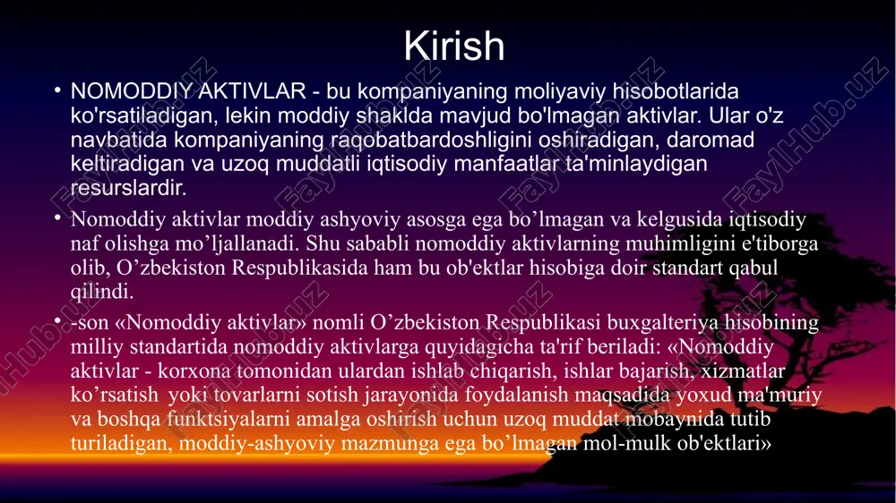 lumotlarga ega bo`lish auditorga nomoddiy aktivlar hisobining holatini mustaqil baholash va qoidabuzarliklar hamda amaldagi qonunchilik va belgilangan qoidalardan chetga chiqishlarni aniqlashga imkon beradi. nomoddiy aktivlar auditi jarayonida quyidagilar amalga oshiriladi: nomoddiy aktivlar mavjudligi ustidan ichki nazorat o`rnatilganligini aniqlash (mulkiy obyektlarni nomoddiy aktivlar qatoriga olib borishning to`g`riligi; mavjudligini va muomalalarni hujjatlashtirishning to`g`riligini tekshirish; nomoddiy aktivlarni baholashning to`g`riligini tekshirish; inventarizatsiya qilish; hisobot ko`rsatkichlarining sintetik va analitik hisob ma'lumotlariga mosligini aniqlash); nomoddiy aktivlar bilan bog`liq muomalalar auditi quyidagi me'yoriy-huquqiy hujjatlarga muvofiq amalga oshiriladi: o`zbekiston respublikasi fuqarolik kodeksi. 1996-yil 29avgustda tasdiqlangan (o`zgartirishlar bilan 2002- yil 30- avgustda tasdiqlangan). o`zbekiston respublikasi soliq kodeksi. 1997-yil 24-aprelda tasdiqlangan (o`zgartirishlar bilan 2002- yil 5- sentyabrda tasdiqlangan). o`zbekiston respublikasi “buxgalteriya hisobi to`g`risida” gi qonuni. 1996- yil 30- avgust. o`zbekiston respublikasi “auditorlik faoliyati to`g`risida” gi qonuni. 2000- yil 26- may (yangi tahrir). mahsulot (ishlar, xizmatlarni) ishlab chiqarish va sotish bo`yicha xarajatlar tarkibi hamda moliyaviy natijalarni shakllantirish tartibi haqidagi nizom. o`zbekiston …
