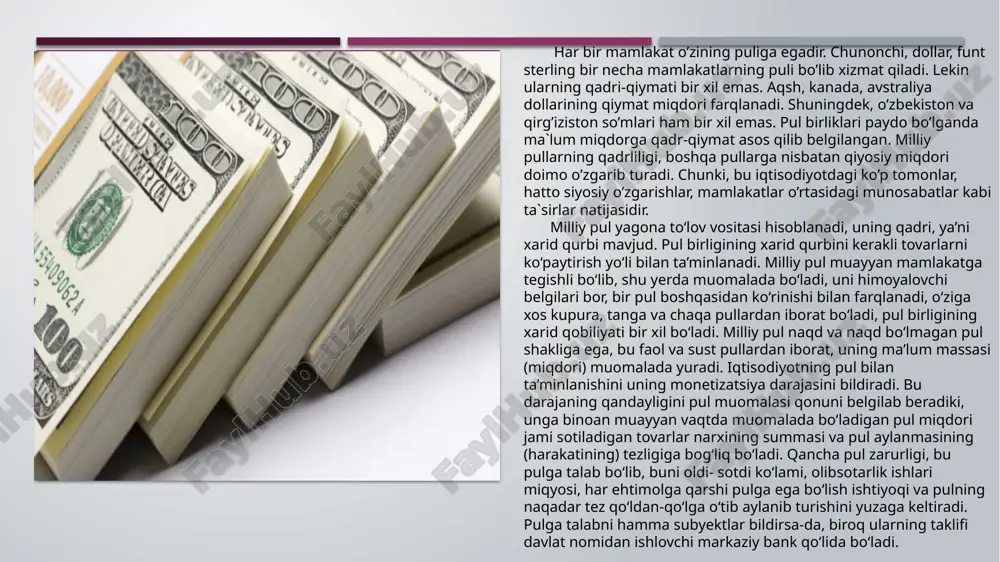 ‘lida bo‘ladi. 3 kishilar o‘zlarining moliyaviy aktivlarini har xil shakllarda, masalan, korporatsiya aksiyalari, xususiy yoki davlat obligatsiyalari shaklida ushlab turishi mumkin. demak, aktivlar tomonidan pulga talab ham mavjud bo‘ladi. aktivlar tomonidan pulga talab foiz stavkasiga teskari mutanosiblikda o‘zgaradi. foiz stavkasi past bo‘lsa, kishilar ko‘proq miqdordagi naqd pulga egalik qilishni afzal ko‘radi. aksincha, foiz yuqori bo‘lganda, pulni ushlab turish foydasiz va aktivlar shaklidagi pul miqdori ko‘payadi. shunday qilib, pulga bo‘lgan umumiy talab, aktivlar tomonidan pulga bo‘lgan talab va bitim uchun pulga bo‘lgan talabning miqdori bilan aniqlanadi. har bir mamlakat o’zining puliga egadir. chunonchi, dollar, funt sterling bir necha mamlakatlarning puli bo’lib xizmat qiladi. lekin ularning qadri-qiymati bir xil emas. aqsh, kanada, avstraliya dollarining qiymat miqdori farqlanadi. shuningdek, o’zbekiston va qirg’iziston so’mlari ham bir xil emas. pul birliklari paydo bo’lganda ma`lum miqdorga qadr-qiymat asos qilib belgilangan. milliy pullarning qadrliligi, boshqa pullarga nisbatan qiyosiy miqdori doimo o’zgarib turadi. chunki, bu iqtisodiyotdagi ko’p tomonlar, …