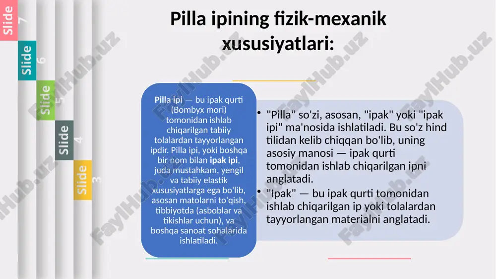 pilla ipi namlikni o'zlashtirishga moyil, ya'ni u mo'ljallangan muhitga bog'liq ravishda o'zgarishi mumkin. namlik darajasi ortganida pilla ipi uzayishi mumkin. biroq, ortiqcha namlik yoki yomon saqlash sharoitlari uning mexanik kuchini va elastikligini pasaytirishi mumkin. elastiklik: pilla ipi juda elastik bo'lib, o'zining shaklini tiklash qobiliyatiga ega. uning elastikligi ipakning tabiiy tuzilishiga bog'liq. bu xususiyat pilla ipini o'zgartirilgan holatga qaytarishga yordam beradi. pilla ipi, masalan, kichik darajada cho'zilishi mumkin, lekin elastik bo'lib, eski holatiga qaytishi mumkin. elastiklik pilla ipining matolarni yengil va qulay qilib ishlab chiqarilishiga yordam beradi. yengillik: pilla ipi juda yengil va engil materialdir, bu uning keng tarqalgan ishlatilishining sabablaridan biridir. uning o'ziga xos tuzilishi, shu jumladan yengil tolalar tarkibi, ipak matolarining nafaqat nafis, balki qulay va uzoq vaqt davomida toza ko'rinishda qolishiga imkon beradi. a your content add text add text add text add text b 55% 35% 35% write some text here c a b c d 65% …