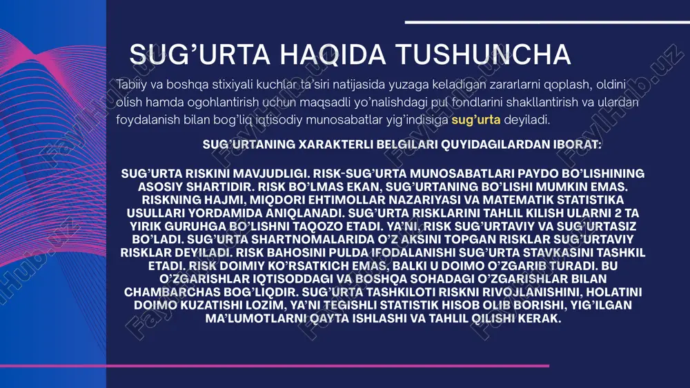 bo’lib, hududlar bo’yicha sug’urta fondini sug’urtalangan xo’jaliklar o’rtasida taqsimlash uchun katta hudud va riskni aniqlash riskni nazorat qilish riskni baholash riskni moliyalashtirish ko’plab sug’urtalanishi mumkin bo’lgan ob’ektlar zarur bo’lishi talab etiladi. zararlarni ma’lum bir vaqtda taqsimlanishi sug’urta hodisalarini tasodifiy ro’y berish xarakteriga ega ekanligidan kelib chiqadi. qator yillar mobaynida favqulodda hodisalar ehtimol ro’y bermasligi mumkin. bu holat sug’urta hodisalari sodir bo’lmagan vaqtda tegishli miqdorda sug’urta zahiralarini tashkil etishni talab qiladi. sug’urta fondlariga jalb etilgan sug’urta mukofotlarini qaytarib berish. sug’urta mukofotlari sug’urta tarifi asosida aniqlanadi. sug’urta tarifi ikki qismdan iborat bo’lib, netto-stavka (sug’urta hodisalari ro’y berganda zararlarni qoplashga ishlatiladi) va netto-stavkaga ustamalardir (sug’urta kompaniyasi ishini tashkil etish bilan bog’liq xarajatlar qoplanadi). netto-stavka, asosan, sug’urta hodisasi ro’y berganda sug’urtalanuvchiga qaytarib beriladi. tibbiy sug’urtani tashkil etish sogʻliqni saqlash sugʻurtasi yoki tibbiy sugʻurta (janubiy afrikada tibbiy yordam sifatida ham tanilgan) tibbiy xarajatlarga duchor boʻlgan shaxsning xavfini toʻliq yoki bir qismini qoplaydigan sugʻurta turidir. sugʻurtalovchi …