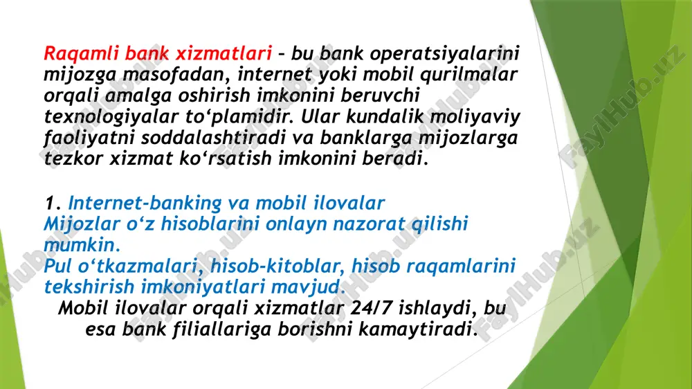anklar mijozlarning kredit tarixini tahlil qiladi. firibgarlikni aniqlash tizimlari (fraud detection) moliyaviy xavfsizlikni oshiradi. bu texnologiyalar banklarga qaror qabul qilishni tezlashtirish va risklarni kamaytirishga yordam beradi. foydalari: mijozlarning moliyaviy ma’lumotlari xavfsiz saqlanadi. bank xizmatlaridan foydalanish oson va qulay bo‘ladi. bank va mijoz o‘rtasidagi ishonch kuchayadi. xulosa zamonaviy bank texnologiyalari bank xizmatlarini tez, qulay va xavfsiz qilishda muhim rol o‘ynaydi. raqamli bank xizmatlari (internet-banking, mobil ilovalar, atm va elektron to‘lovlar) mijozlarga har qanday vaqtda moliyaviy operatsiyalarni amalga oshirish imkonini beradi. innovatsion texnologiyalar, xususan blokcheyn, kriptovalyutalar, fintech yechimlari, sun’iy intellekt va katta ma’lumotlar bank faoliyatini avtomatlashtirish va mijozlarga moslashtirilgan xizmatlar ko‘rsatishni ta’minlaydi. shu bilan birga, biometrik identifikatsiya, shifrlash va xavfsizlik tizimlari moliyaviy ma’lumotlarning himoyasini kuchaytiradi, chat-bot va virtual yordamchilar esa mijozlar tajribasini yaxshilaydi. foydalanilgan adabiyotlar 1.axmedov, s. zamonaviy bank texnologiyalari va ularning rivojlanishi. toshkent: moliya va bank institutining nashri, 2021. 2.kpmg. innovations in banking 2023: digital transformation in financial services. london: kpmg …
