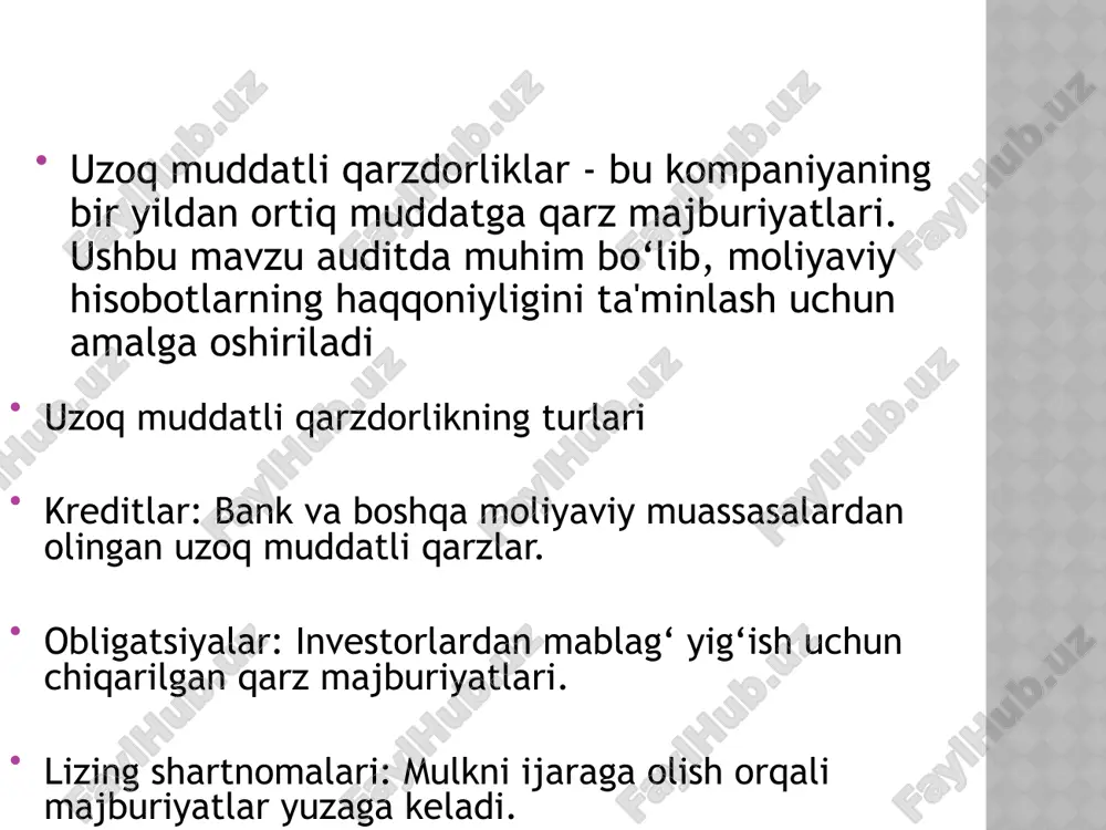 rni to'lashda muammolar yuzaga kelishi mumkinmi? foiz stavkalarining o'zgarishi riski: qarzdorlik foiz stavkalariga bog'liq bo'lsa, foiz stavkalarining o'zgarishi tashkilot uchun qanday ta'sir qiladi? valyuta kursining o'zgarishi riski: agar qarzlar boshqa valyutada bo'lsa, valyuta kursining o'zgarishi qanday ta'sir qiladi? qarz majburiyatlarining kechikishi riski: to'lovlar o'z vaqtida amalga oshirilmasa, kechikishlar va jarimalar yuzaga kelishi mumkin. audit hisobotining tayyorlanishi auditning yakuniy bosqichi audit hisobotini tayyorlashni o'z ichiga oladi. hisobotda quyidagilar bo'lishi mumkin: tashkilotning uzoq muddatli qarzlar bo'yicha tekshiruv natijalari. qarzdorlikning samarali boshqarilishi va to'lanishi uchun tavsiyalar. qarzdorlikni boshqarishda yuzaga keladigan risklarni kamaytirish bo'yicha tavsiyalar. auditni rejalashtirish risklarni aniqlash: uzoq muddatli qarzdorliklar bilan bog‘liq firibgarlik yoki noto‘g‘ri hisobot berish ehtimolini baholash. audit dasturini tuzish: audit jarayonlari va tekshiruv rejasini tuzish. masalan, qarzdorlik hujjatlarini tekshirish jadvalini belgilash. audit jarayoning bosqichlari rejalashtirish: auditni boshlash uchun ma’lumotlarni yig‘ish, risklarni aniqlash ma’lumot yig‘ish: kredit shartnomalari, foiz hisob-kitoblari, obligatsiyalar ro‘yxati. tahlil va hisobot tayyorlash: ma’lumotlarni tekshirish natijalari asosida xulosalar …