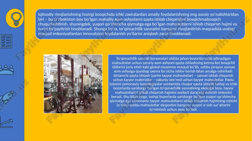 jud salohiyat va imkoniyatlardan foydalanish samaradorligini oshirib, toʻqimachilik sanoatining tovar tuzilmasini takomillashtiradi. natijada, 2022-yilda xom-ashyoni oʻrta qayta ishlash (paxta va trikotaj matolari) darajasi 2016-yildagi 9,2 foizdan paxta tolasining umumiy hajmining 25,3 foizigacha, yuqori qayta ishlash (tayyor kiyim va trikotaj mahsulotlari) esa 5,7 foizdan 14,8 foizgacha oshishi kutilmoqda. bu esa qoʻshimcha qiymatga ega boʻlmagan mahsulotlar ishlab chiqarish hajmini 4 barobar kamaytirish imkonini beradi. tadqiqot natijalariga koʻra toʻqimachilik sanoati korxonalarining kuchli tomonlari quyidagilarga asosan belgilanishi lozim: - uzoq yillik tajribaning mavjudligi; - mukammal darajada ishlab chiqilgan texnologiyadan foydalanish; - yuqori malakali xodimlarning faoliyat yuritishi; - xom-ashyo manbalarining mavjudligi. toʻqimachilik korxonasining normal ish faoliyatiga halaqit beradigan yoki belgilangan maqsadlarga erishishga toʻsqinlik qiladigan barcha resurslar va vakolatlar yoki toʻqimachilik korxonasida mavjud boʻlgan, ammo uning kuchli tomonlariga kiritilmagan resurslar hamda vakolatlarning barchasi zaif tomonlarni tashkil etadi. xususan: - mahsulot sifatini yaxshilash boʻyicha tizimli ishlarning amalga oshirilmasligi; - marketing tadqiqotlarini amalga oshirilmasligi; - ishlab chiqarish quvvatidan …