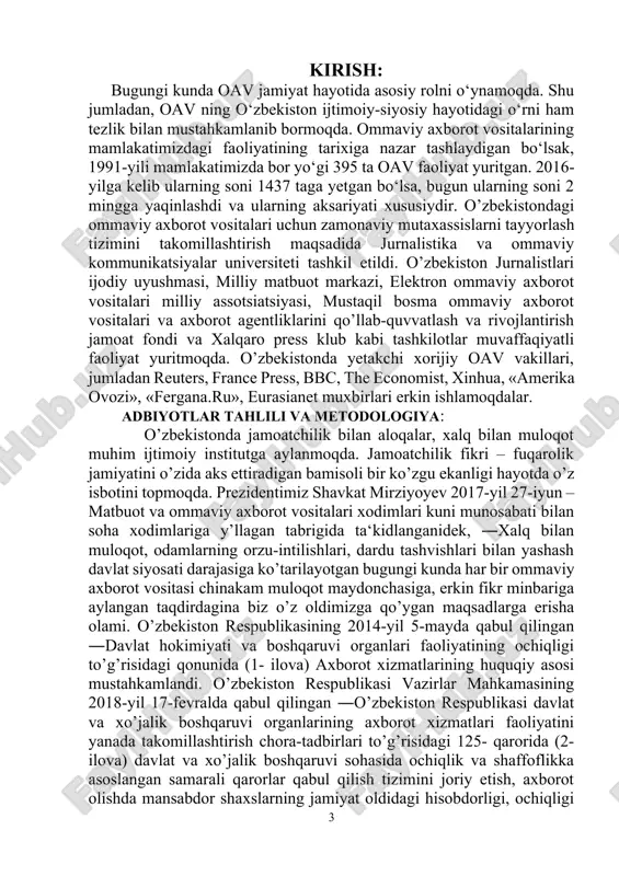 ha chora-tadbirlar to’g’risidagi qarori (3-ilova) mazkur sohani yanada rivojlantirishda g‗oyat muhim qadam bo‗ldi. mazkur qonun va qaror ijrosini ta‘minlash maqsadida mirzo ulug’bek nomidagi o’zbekiston milliy universiteti jurnalistika fakultetida, o’zbekiston jurnalistika va ommaviy kommunikatsiya universitetida, o’zbekiston davlat jahon tillari universiteti xalqaro jurnalistika fakultetida, qoraqalpog’iston davlat universiteti jurnalistika bo’limida ―axborot xizmatlari fani o’qitilmoqda. mazkur oliy ta‘lim muassasalariga 2019-2020-o’quv yilidan e‘tiboran axborot xizmatlari yo’nalishida ham abituriyentlar qabul qilina boshlagani, shu sohada kadrlar tayyorlashga ixtisoslashtirilgan fakultetlar tashkil etilayotgani muhim voqelikdir. o’zbekiston respublikasi prezidentining 2019 yil 2-fevral kuni qabul qilingan ―axborot sohasi va ommaviy kommunikatsiyalarni yanada rivojlantirishga oid qo’shimcha chora-tadbirlar to’g’risidagi farmonida ―davlat organlari, xo’jalik boshqaruvi organlari, davlat korxonalari va tashkilotlari matbuot xizmatlarining jamoatchilik va ommaviy axborot vositalari bilan o’zaro hamkorligi yetarli darajada yolga qo’yilmagani qayd etilib, o’zbekiston respublikasi prezidenti administratsiyasi huzuridagi axborot va ommaviy kommunikatsiyalar agentligi zimmasiga davlat organlari va boshqa tashkilotlarga ular faoliyatining ochiqligini ta‘minlashda, davlat xizmatchilariga ommaviy axborot vositalari bilan ochiq, ommaviy …