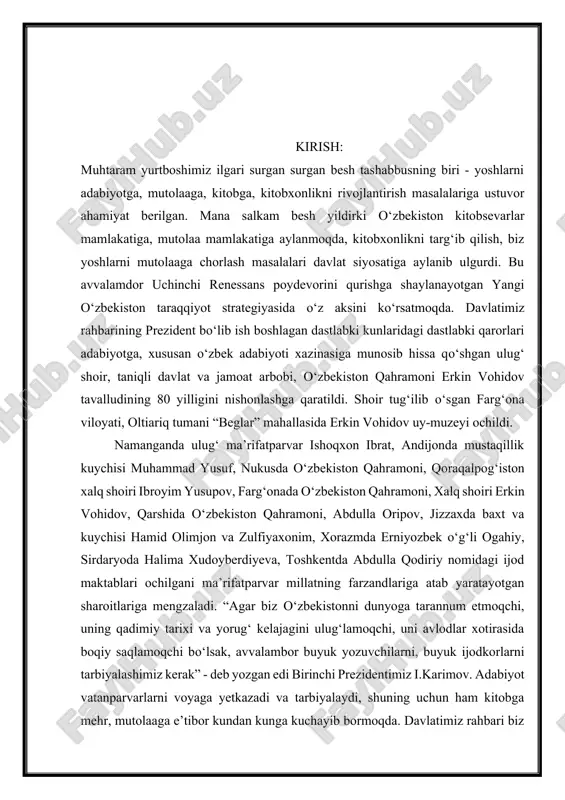 da turadi. kitobni sevgani va qadrlagani uchun garvard universiteti bitiruvchilarining 75 nafari nobel mukofoti sohibi, dunyo milliarderlari boyligining yarmi mana shu universitetda tahsil olgan, amerikaning 45 prezidentidan 12 nafari shu universitetni bitirgan. mana kitobning, bilimning kuchi! bilimga intilmoq, yaxshi kitoblarni tanlab o‘qimoq esa esa haqiqiy ilmga oshno vatanparvarlarni tarbiyalashi aniq. oddiygina misol. falakiyot ilmining asoschisi, temuriy sulton mirzo ulug‘bekning samodagi 1018 yulduzning harakat jadvalini tuzgani va butun jahon olimning astronomik kashfiyotlarini hali-hanuz olqishlayotgani ham bilimga, mutolaaga intilishning yorqin namunasi emasmi? birinchi prezidentimiz i.karimov 1996 yili parijda yuneskoning o‘sha paytdagi bosh kotibi federiko mayor bilan suhbatlashayotib, janob mayorning ulug‘bekning ilmiy merosini yuksak baholab, uning yulduzlar harakatiga oid hisob-kitoblarini bugungi kompyuter yordamida tekshirib ko‘rilganda atigi bir necha daqiqaga farq qilishini aytganda, birinchi prezidentimiz ulug‘bek xato qilishi mumkin emas, kompyuter xato qilgan bo‘lishi mumkin deb javob qilgan ekanlar. “kitob bahori”, “ma’rifat haftaligi” deb e’tirof etilgan tashabbuslar yoshlarning yuragiga nur, surur bag‘ishlash maqsadida “besh …