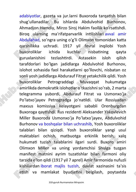 kishilardan iborat majlis tuzish, davlat xazinasini taʼsis etish va mamlakat byudjetini belgilash, poytaxtda bosmaxona ochish, sanoat va savdoni rivojlantirish, soliklarni tartibga solish, amaldorlar ustidan nazorat oʻrnatish va ularga moyana toʻlash kabilar tilga olingan edi. yosh buxoroliklar buxoro amirligidagi jadidlar partiyasi (firqasi). dastlab «tarbiyai atfol» («bolalar tarbiyasi») maxfiy jamiyati shaklida tuzilgan. 1910-20 yillarda «yosh buxoroliklar» partiyasi deb atalgan. unga taraqqiyparvar ziyolilar, savdogarlar va shahar kambag’allari vakillari kirgan. ular boshida mavjud amirlik tuzumi doirasida demokratik islohotlar o’tkazish, konstitutsiyaviy monarxiya o’rnatish orqali amirning mutlaq hokimligini cheklab qo’yish tarafdori bo’lgan. abdulvohid burhonov, mukammil burhonov, sadriddin ayniy, usmonxo’ja po’latxo’jayev (usmon xo’ja), otaulla xo’jayev, ahmadjon hamdiy (abusaidov), homidxo’ja mehriy, musa saidjonov, mirzo siroj hakim yosh buxoroliklarning dastlabki tashkilotchilari edi. keyinchalik uning faoliyatida fitrat, fayzulla xo’jayev va muhiddin mansurov katta rol o’ynashdi. yosh buxoroliklar iqtidorli yoshlarni istanbul, qozon, ufa, boqchasaroyga o’qishga jo’natdi. ular partiyaning moddiy mablag’i hisobidan ta’lim olishgan. fayzulla xo’jayev va muhiddin mansurov partiyaga katta mablag’ …