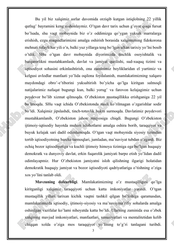 on deb, hisoblaymiz” 1 , - deb ko’rsatib berdi. mustaqilligimiz tufayli ta’lim sohasiga alohida e’tibor qaratildi. jumladan 1997 yilda qabul qilingan “ta’lim to’g’risida”gi qonun (yangi 1 karimov i.a. o’zbekiston buyuk kelajak sari. toshkent.:o’zbekiston, 1999, 9-bet. 1 karimov i.a. o’zbekiston xxi asr bo’sag’asida: xavfsizlikka tahdid, barqarorlik shartlari va taraqqiyot kafolatlari. – t.: o’zbekiston, 1997. 137-bet. 5 tahrirda)va “kadrlar tayyorlash milliy dasturi” o’zbekistonning ta’lim sohasida ijobiy samara va amaliy siljishni yuzaga keltirdi. jumladan, “bir fikrni mamnuniyat bilan ta’kidlamoqchiman – biz ta’lim sohasini bosqichma-bosqich, aniq maqsadga yo’naltirgan holda isloh qilish bo’yicha uzoqni ko’zlagan dasturlarniizchil amalga oshirib kelmoqdamiz. buning natijasida yoshlarimizning eng yuksak talablardarajasida umumiy ta’lim olishi bilan bir qatorda ularning o’z qobiliyatini ro’yobga chiqarishi, jamiyatda munosib o’rin egallashi uchun aniq mutaxasislikka ega bo’lish imkonini beradigan yaxlit, uzluksiz ta’lim-tarbiya tizimini yaratdik. bu vazifalarni hal etish uchun kadrlar tayyorlash va maktab ta’limini rivojlantirish umumilliy dasturlari doirasida o’tgan davr mobaynida yurtimizdagi ta’lim muassasalari – maktablar, litsey …