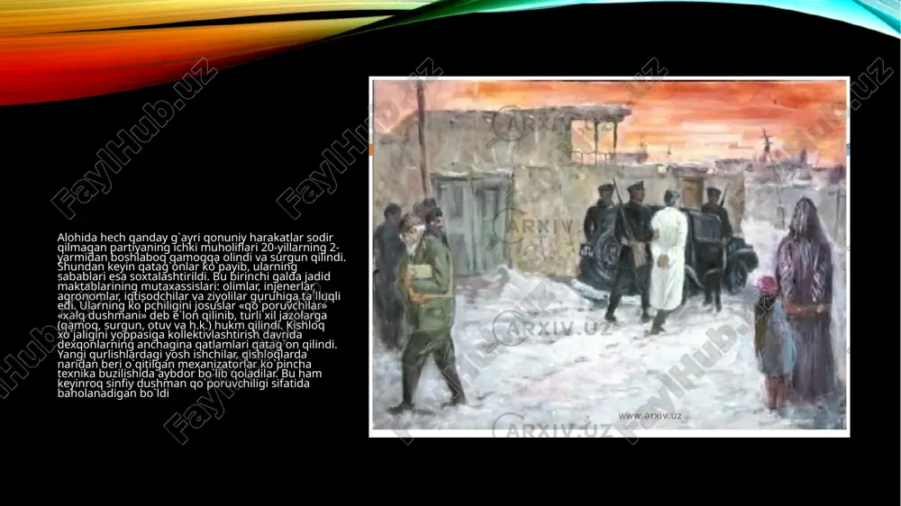 slarini yo`q qilganini bilmaydi».1937-1938 yillar qatag`on avjiga chiqqan davr bo`lib bunda ko`plab partiya va davlat arboblarini nohaq qurbon qilindi. jumladan, butun boshqaruv apparati leningradda yo`q qilindi. bunday qatag`onlar rsfsr, ukraina, ozarbajon, gruziya, armanistonda ham keng qo`lamda amalga oshirildi ayrimlari yaqqol ko`zga tashlanmaganlar xufiy nazoratga olindi.respublikada birinchi qatag`on qurboni respublika xalq komissarlari soveti raisi fayzulla xo`jayev edi. u 1896 yili buxoroda savdogar millioner oilasida dunyoga kelgan. fayzulla xo`jayev 1922-1924 yillarda buxoro respublikasi mehnat va mudofaa sovetining raisi bo`ldi.1920 yil 11 sentabrda bkp safiga kirdi. so`ngra buxoro komunistik partiyasi mk tarkibiga ham kiritildi. 1920 yil oktabrda buxoro xalq nozirlari soveti raisi qilib saylandi.rkp(b) mkning 1924 yil 5 noyabrdagi qaroriga binoan o`zbekiston revkomi raisi etib tasdiqlandi. 1925 yil 14 fevraldan 1937 yil 17 iyungacha o`zbekiston ssr xks raisi lavozimida ishladi.1923 yilning boshlarida f.xo`jayev germaniyada bo`ladi. maqsad el dardiga davo izlash ya`ni, germaniyaning buxorodagi elchixonasini ochish, rossiyaning buxoro xalq respublikasi ichki ishlariga aralashuvini oldini …