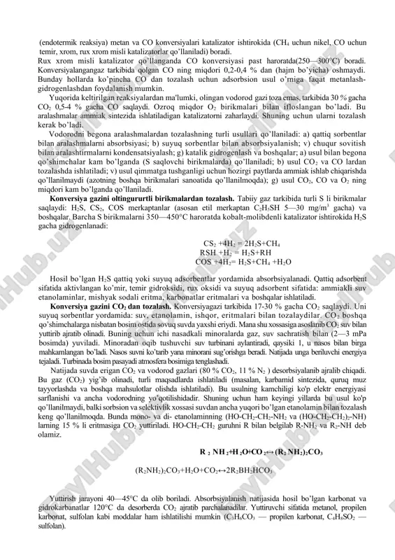 umi past (5%) bo’ladi. no ning tannarxi qimmatga tushadi. ammiakli usulda n2 to’g’ridan to'g’ri h2 bilan biriktiriladi. bu harorat, bosim va katalizator ishtirokida boradi. n2+3h2 → 2nh3-h bu usulda olingan ammiakning tannarxi ancha arzonga tushadi. hozirgi vaqtda bu usul ammiakni sanoatda ishlab chiqarishning birdan-bir usulidir. bu usulni ancha vaqtgacha qo’llashning iloji bo’lmadi. chunki bunda yuqori bosim (1000 atm. gacha) talab qilinardi. yuqori bosimni faqatgina xx asrning 10- yillarida hosil qilish mumkin bo’ldi. bu usulni birinchi bo’lib, 1908- yilda nemis olimi gaber kashf etdi, 1913- yilda uni ishlab chiqarishga tatbiq etdi. bu kashfiyot uchun u 1920- yilda nobel mukofotiga sazovor bo’ldi. bu usulga asoslangan birinchi zavod germaniyada qurildi, uning mahsuldorligi 20—25 t/sutkaga teng bo’lib, reaksiya 200—225 atm. bosim va 550°c haroratda, katalizator ishtirokida olib boriladi. sobiq ittifoqda birinchi ammiak sintezi zavodi 1927- yilda qurilib ishga tushirilgan. hozirgi paytda ammiak ishlab chiqarish sohasi ancha rivojlangan. shuningdek, (ammiak) atmosfera azotini biriktirib olishning mikrobiologik …