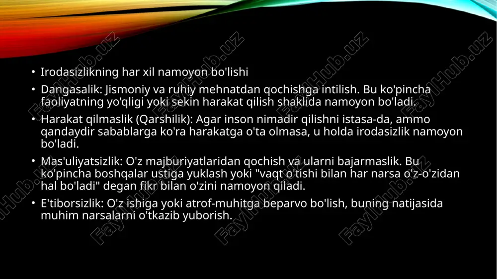 kor qiladigan yuraksiz, qo’rqoq kishilardir. ular vaziyat talab qilganda zarur jasurlik sabot-matonat, chidam, toqat, qat'iyat ko’rsatmaydilar. bular cho’chima, yalqov joni paxta kishilardir. bunday kishilarning xatti-harakatlari odatda ularning o’zidan ko’ra tashqi sharoitga bog’liq bo’ladi. bunday xarakter xislatlarga ega bo’lgan kishilar pessimistik kayfiyatda bo’lib, dunyoga va hayotga umidsizlik bilan qaraydilar. ular doimo barcha kishilarning salbiy, yomon tomonlarini ko’radilar, bu kishilarning fikricha, o’zlarining barcha kamchiliklari va muvaffaqiyatsizliklarining sababchisi boshqa kishilardir. bu xildagi ba'zi kishilar passiv beparvo kayfiyatda bo’ladilar.1 abuliya (yunon. abule - irodani inkor etmoq) - eng oddiy, osongina masalalar bo’yicha ham ma'lum qarorga kelish qobiliyati yo’qligida namoyon bo’ladigan o’ta irodasizlik. zamonaviy psixologiya fanida irodasizlik hodisasi keng o‘rganilgan. jumladan, uning bir tarmog‘i bo‘lgan patopsixologiyada irodaning har xil darajadagi susayish holatlari kuzatiladi. xxi – globallashuv asrining eng katta va dolzarb muammosi – dangasalik. atrofdagi insonlarga “dangasalik nima?” degan savolni berganimda, ular “shunchaki, biror ishni qilishni xohlamaslik” yoki “ko‘p uxlash” kabilarni aytib o‘tishdi. aslida-chi, birgina …