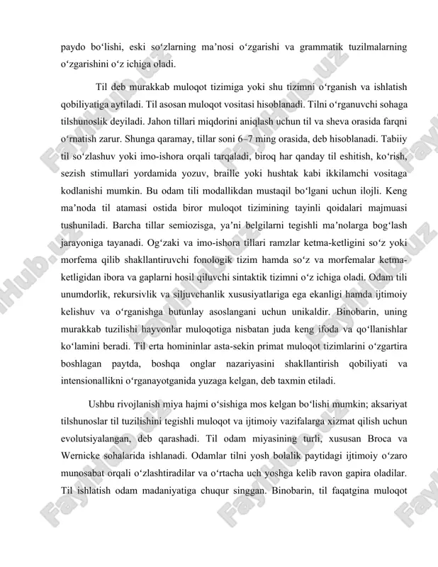 etma-ketligidan ibora va gaplarni hosil qiluvchi sintaktik tizimni oʻz ichiga oladi. odam tili unumdorlik, rekursivlik va siljuvchanlik xususiyatlariga ega ekanligi hamda ijtimoiy kelishuv va oʻrganishga butunlay asoslangani uchun unikaldir. binobarin, uning murakkab tuzilishi hayvonlar muloqotiga nisbatan juda keng ifoda va qoʻllanishlar koʻlamini beradi. til erta homininlar asta-sekin primat muloqot tizimlarini oʻzgartira boshlagan paytda, boshqa onglar nazariyasini shakllantirish qobiliyati va intensionallikni oʻrganayotganida yuzaga kelgan, deb taxmin etiladi. ushbu rivojlanish miya hajmi oʻsishiga mos kelgan boʻlishi mumkin; aksariyat tilshunoslar til tuzilishini tegishli muloqot va ijtimoiy vazifalarga xizmat qilish uchun evolutsiyalangan, deb qarashadi. til odam miyasining turli, xususan broca va wernicke sohalarida ishlanadi. odamlar tilni yosh bolalik paytidagi ijtimoiy oʻzaro munosabat orqali oʻzlashtiradilar va oʻrtacha uch yoshga kelib ravon gapira oladilar. til ishlatish odam madaniyatiga chuqur singgan. binobarin, til faqatgina muloqot vositasi boʻlib qolmay, balki individuallik, ijtimoiy stratifikatsiya, parvarish va ermak kabi ijtimoiy va madaniy rollarga ham ega. tillar vaqt oʻtishi bilan oʻzgaradi, …