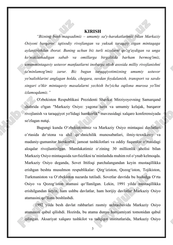 n kelajakda amalga oshirilishi kerak boʻlgan strategik maqsad va vazifalar belgilab beriladi. oʻzbekiston tarixida birinchi marta respublikamiz prezidenti shavkat mirziyoyev 2017-yil dekabr oyida oliy majlisga murojaat qildi va tashqi siyosatning ustuvor yoʻnalishi yaqin qoʻshnilar bilan konstruktiv muloqot va kuchli tashqi siyosat olib borish ekanligini taʼkidladi. bundan tashqari, oʻzbekiston rivojlanishining besh ustuvor yoʻnalishi boʻyicha harakatlar strategiyasining beshinchi yoʻnalishi ochiq, konstruktiv va oʻzaro manfaatli tashqi siyosat olib borishni, shu jumladan, oʻzbekiston atrofida xavfsizlik, barqarorlik va yaxshi qoʻshnichilik kamarini yaratishni koʻzda tutadi. bu markaziy osiyo mintaqasi mamlakatlari bilan hamkorlik mamlakatimiz uchun juda muhim ekanini yana bir bor koʻrsatadi. adabiyotlar tahlili va metodologiya. oʻzbekiston markaziy osiyoning markazida joylashgan boʻlib, mintaqadagi barcha davlatlar oʻrtasidagi muhim boʻgʻin hisoblanadi va mintaqaviy hamkorlikning asosiy katalizatori boʻlib hisoblanadi. soʻnggi 3 yil mobaynida olib borilgan muloqot natijasida markaziy osiyoda mutlaqo yangi ishonch muhiti yaratildi, doʻstlik va yaxshi qoʻshnichilikka asoslangan munosabatlar mustahkamlanmoqda. mintaqaviy hamkorlikning yana bir strategik muhim yoʻnalishi – savdo-iqtisodiy …