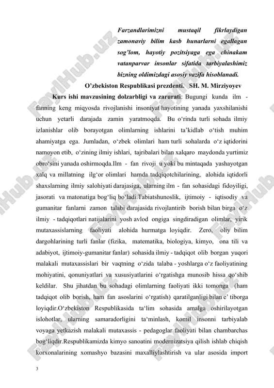 chilarda vatanparvarlik hislari shakllantiriladi. ushbu bitiruv malakaviy ishida o‘zbekistonlik kimyogar olimlarni ilmiy pedagogik faoliyatlari bilan kimyo fani va sanoatini rivojlantirishdagi hissalarini ochib berish bilan birga ularning ishlarini maktab kimyo darslarida o‘rgatish va shu asosda yoshlarni ilm - fan sirlarini o‘rganishga bo’lgan qiziqishlarini ortishida muhim ahamiyatga ega tadqiqot maqsadi: o’zbekistonda kimyo sanoatining rivojlanish jarayonida mineral o’g’itlar ishlab chiqarish shuningdek ammoniy nitrat ishlab chiqarish muhim rol o’ynaydi. tatqiqot vazifalari: azotning arzon va samarasli olinish usullarni o’rganish. azotning birikmalarini sintez qilish va ularni import o’rnini bosa oladigan mahsulot olish.ammoniy nitrat ishlab chiqarishda mahalliy homashyo madanlarini o’rganish. tadqiqot predmeti. azot, va uning birikmalari pt katalizatori, ammoniy nitrat ammiak va nitrat kislota. kurs ishining tuzilishi.kurs ishi 41 betdan iborat, kompyuter matnidan iborat bo’lib, kirish, 2 ta bob, xulosa va foydalanilgan adabiyotlardan iborat. kurs ishi 1 ta jadval va 8 ta rasm asosida yaratilgan. i.1.azot sanoatining xomashyo manbalari va ishlatilishi. azot tabiatda erkin holda va birikmalar …