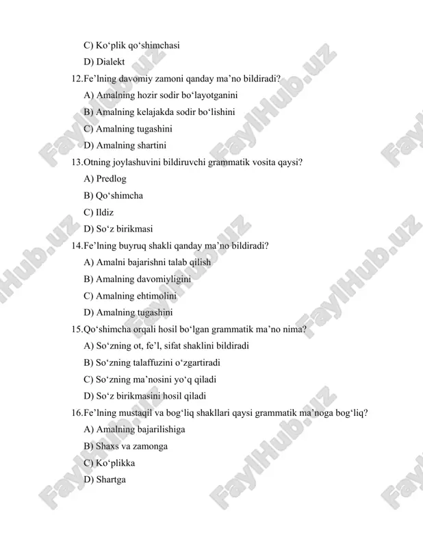 b) ildiz c) predlog d) dialekt 30. grammatik ma’no ifodalovchi vositalar qaysi? a) ildiz, qo‘shimcha, predlog, so‘z tartibi b) faqat ildiz c) faqat qo‘shimcha d) faqat predlog to’g’ri javoblar: 1-c, 2-b, 3-c, 4-b, 5-a, 6-a, 7-a, 8-a, 9-a, 10-a, 11-a, 12-a, 13-a, 14-a, 15-a, 16-b, 17-a, 18-a, 19-a, 20-a, 21-a, 22-a, 23-a, 24-a, 25-a, 26-a, 27-a, 28-a, 29-a, 30-a