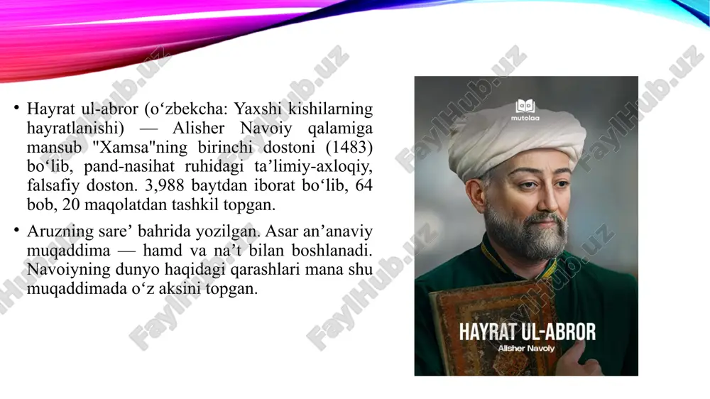 iora, tashbeh, hikmatli so‘zlar keng qo‘llanilgan; navoiy arab, fors va turkiy so‘zlarni mohirona uyg‘unlashtirgan. asarning yaratilish davri va tarixiy sharoiti “hayrat ul-abror” dostoni 1483-yilda hirotda yozilgan. bu davr temuriylar sulolasining eng gullagan pallasi bo‘lib, husayn boyqaro hukmronligi ostida ilm-fan, madaniyat va adabiyot yuksalgan edi. navoiy davlat arbobi sifatida siyosiy jarayonlarning markazida bo‘lib, adolat, insonparvarlik va ma’rifat g‘oyalarini asar orqali ilgari suradi. asarning asosiy maqsadi dostonning maqsadi — komil inson tarbiyasi, adolatli jamiyat qurish va axloqiy barkamollikka da’vat etish. navoiy bu asar orqali o‘z xalqiga “yaxshilik yo‘li”ni ko‘rsatadi. uningcha, chin inson — ilmli, halol, vijdonli va adolatli bo‘lishi kerak. asarning shakliy tuzilishi asar masnaviy janrida yozilgan bo‘lib, 63 bobdan iborat. ular quyidagi qismga ajratiladi: muqaddima (1–19-bob): alloh, payg‘ambar, xalifalar, ustoz va ilmning fazilati madh etiladi. asosiy qism (20–61-bob): hikoyatlar orqali axloqiy saboqlar beriladi. xotima (62–63-bob): shoir o‘z niyatini, maqsadini ochiq bildiradi. dostonning falsafiy mohiyati “hayrat ul-abror” — bu faqat axloqiy emas, …