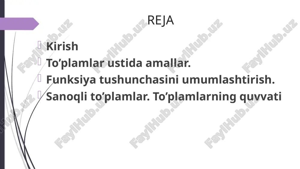 nuvchi barcha elementlaridan iborat qis mi 𝑏 elementning 𝑓 akslantirishda asli deyiladi va 𝑓 −1 (𝑏) simvol bilan belgilanadi. o‘z navbatida har bir 𝐵⊂𝑌 to‘plam uchun 𝑋 ning 𝐵 ga o‘tuvchi (akslanuvchi) qismi 𝐵 to‘plamning 𝑓 akslantirishdagi asli deyiladi va 𝑓 −1 (𝐵)={𝑥∈𝑋:𝑓(𝑥)∈𝐵} shaklda belgilanadi. umuman olganda, 𝑌 to‘plam sifatida 𝑓 akslantirishning qiymatlar sohasini o‘zida saqlovchi to‘plam qaraladi. aniqlanish sohasi x bo‘lgan yxf: akslantirishda yxf =)( tenglik bajarilsa, f akslantirish x to‘plamni y to‘plamning ustiga yoki syuryektiv akslantirish deyiladi. umumiy holda, ya’ni yxf )( bo‘lsa, u holda f akslantirish x to‘plamni y to‘plamning ichiga akslantiradi deyiladi. agar yxf: akslantirishda x dan olingan har xil 1 x va 2 x elementlarga har xil )(= 11 xfy va )(= 22 xfy tasvirlar mos kelsa, u holda f inyektiv akslantirish yoki inyeksiya deyiladi. bir vaqtda ham syuryektiv ham inyektiv b o‘lgan yxf: akslantirish biyeksiya deyiladi. misol 0,=)(,:  abaxxfrrf akslantirishning biyeksiya ekanligini isbotlang. …
