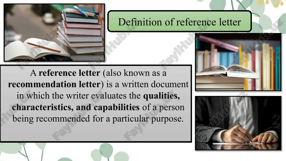 tionship ❌ don’t use informal or emotional tone ✅ tailor the letter for the purpose ❌ don’t make unsupported claims example of a reference letter to whom it may concern, i am writing to recommend ms. dilnoza karimova, who studied under my supervision at tashkent state university. she is a hardworking, responsible, and motivated student with excellent academic performance and communication skills. ms. karimova’s dedication and positive attitude make her an ideal candidate for further study or professional opportunities. i am confident she will contribute greatly to any institution she joins. sincerely, dr. shakhnoza ismoilova professor of english linguistics when requesting a reference letter, it is important to ask early and politely, giving the writer enough time to prepare. provide clear details about the purpose of the letter, such as the job, scholarship, or program you are applying for. share your cv or a list of achievements to help them …