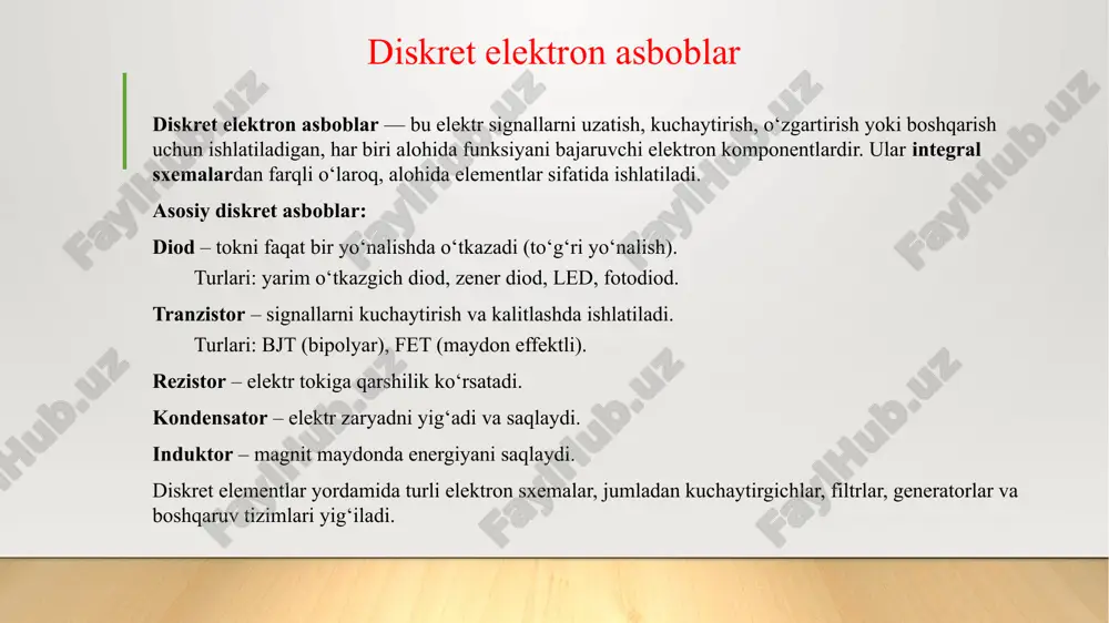 sh diapozoni bir necha ming mgs gacha boradi. elektron o‘lchov asboblarining yuqoridagi afzalliklaridan tashqari uning ayrim kamchiliklari ham mavjuddir. sxematik murakkabligidir. bu esa katta sonli radioelementlarni ishlatilishidir. shu sababli hajmi, massasi, tannarxi qimmatdir. shunga qaramay ayrim raqamli o‘lchov asboblari masalan: elektron raqamli voltmetr, ampermetr v raqamli soatlar massasi, hajmi jihatdan mexanik o‘lchov asboblaridan ancha kichikdir. elektron o‘lchov asboblarini ishlatish uchun o‘zgarmas tok manbai kerak. ishga chidamliligi kichik, lekin, bunday kamchilikni hozirgi kunda zamonaviy elektr o‘lchov asboblarida integral mikrosxema ishlatilib chidamligi keskin oshmoqda. elektron o‘lchov asboblari, mexanik o‘lchov asboblari o‘lchay olmaydigan, ko‘pchilik kattaliklarni o‘lchay oladi. masalan: vaqt bo‘yicha o‘zgaradigan signallarni tezkor ossilograflashtirish, chastota xarakteristikasini aniqlash spektrial taxlil, juda tez takrorlanadigan impulslarni sanash va hakozolar. elektron o‘lchov asboblari elektron qurilamalar turkumiga kiritilib, ular markazlashgan axborotni yozish, axborotlarni saqlash, qayta ishlash va hakazolar uchun ishlatiladi. bu turkum qurilmalarni informatsion o‘lchov tizimlari (io‘t.) deyiladi. io‘t turkumiga elektron hisoblash mashinalari ham kiradi. elektron ossillograflar deb–elektr …