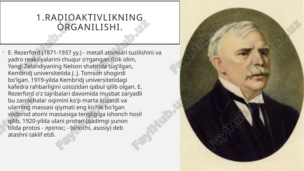 1903-yilning iyun oyida sorbonna universitetida o'z ilmiy ishini himoya qildi va birinchi marta ayol kishi - m.s. kyuriga doktorlik ilmiy unvoni berildi. 1944-yiida sintez qilingan (g.siborg, p. jeyms, a.giorso) №96 element m. s.kyuri - p. kyuri nomi beridi. atom tuzilishining modellari. atomning birinchi tuzilish modeli x x asr boshlarida taklif etilgan. 1901-yilda jan perren atomning yadro-planetar modelini taklif qilgan. bu modelning batafsil tuzilishini 1904-yilda yapon fiziki xantaro nagaoki aniqlagan. nogaoki modelida atom saturn sayyorasiga o'xshatilgan; planeta rolini musbat zaryadlangan shar bajaradi va atom hajmining asosiy qismini tashkil qiladi, elektronlar esa saturn atrofida yo4ldoshlarga o ‘xshab, atrofida halqa hosil qilib joylagan deyiladi. ancha kengroq tuzilishlardan biri atomning keks modelida olingan. 1911-yilda rezerford bu o‘tkazilgan tajriba natijalariga asoslamb, o zining atomning yadro modelini taklif qildi bunga ko‘ra atomning markazida musbat zaryadlangan ya’ni hajmi atom o‘lchamlari bilan taqqoslanganda juda kichkina yadro, uning atrofida esa elektronlar aylanadi, ularning soni elementning atom massasining taqriban yarmiga …
