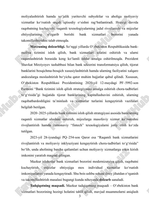 cha taklif va tavsiyalar ishlab chiqish. tadqiqot obyekti – o‘zbekiston respublikasidagi tijorat banklari faoliyati va ularning ko‘rsatayotgan bank xizmatlari bozoridir. tadqiqot predmeti – bank xizmatlari bozorining rivojlanish jarayoni, uni shakllantiruvchi omillar, raqobat muhiti hamda bank xizmatlarining samaradorligini oshirish yo‘llaridir. i bob. bank xizmatlari tushunchasi va ularning iqtisodiy mazmuni 1.1.bank bozori va moliya bozori o`rtasidagi farq va o`zaro bog`liqlik mamlakatimizda tanlangan iqtisodiy rivojlantirishning o‘z modeli va uning tamoyillari asosida ishlab chiqilgan, chuqur va har tomonlama o‘ylangan mamlakatni isloh qilish va modernizatsiyalashning tadrijiy dasturi izchil amalga oshirilishi jahon moliyaviy-iqtisodiy inqirozining o‘zbekiston iqtisodiyoti, uning moliya va bank tizimiga salbiy ta’sirini sezilarli darajada kamaytirish imkonini berganligi qayd etildi. banklarning moliya bozoridagi faoliyatini tartibga solish va fond bozori kapitalizatsiya darajasini, ishtirokchilarning, shu jumladan, xorijiy investorlarning investitsion faolligini ushlab turish murakkab muammolardan hisoblanadi. bu muammolarning samarali yechimi moliya bozorida banklarning raqobatbordoshliligi va xavfsizligi, barqarorligi va likvidliligi, investorlar uchun jalbdorliligi va risksizligi darajasini ta’minlash bilan uzviy bog‘liq. …