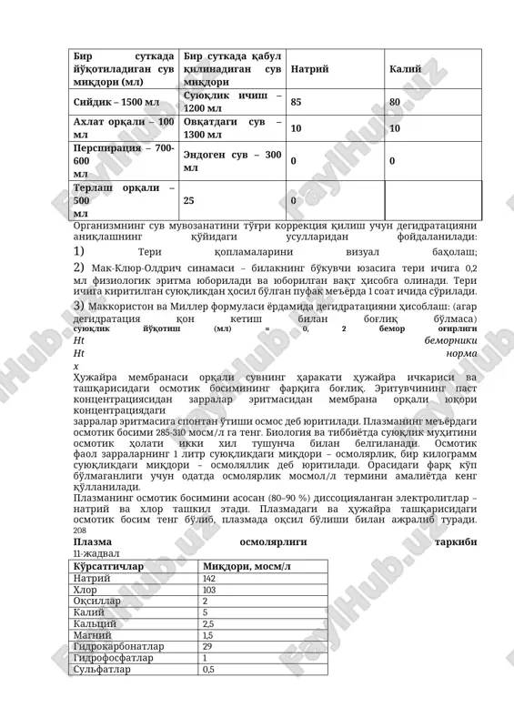 k qo'yilganda aylanuvchi qon hajmi ko'rinarli darajada oshmaydi, suyuqlik interstitsial bo'shliqqa o'tadi. hujayra ichidagi suyuqlik 28,0 l hujayra membranasi plazma 3,0 l kapillyar devori limfa tomirlari hujayralararo suyuqlik 11,0 l hujayradan tashqari suyuqlik 14,0 hujayra ichi sektori – suv hujayraning asosiy tarkibiy qismi bo'lib, hujayra ichi tuzilmalarining (yadro organlari) atrofidan o'rab turadi va ularni hayot faoliyatini ta'minlaydi. elektrolitlardan natriy hujayra tashqarisida – hujayralararo suyuqlik tarkibida, kaliy ionlari esa hujayra ichida ko'p saqlanadi, shu tufayli kaliy – natriy nasosi faoliyati amalga oshadi. organizmga kiradigan va chiqadigan suv tengligi “suv muvozanati” deb yuritiladi (11-jadval). suv muvozanatining har qanday buzilishi disgidriya deyiladi. organizmga kiradigan suyuqlik miqdori chiqariladigan suyuqlik miqdoridan ko'p bo'lsa, musbat suv muvozanati gipergidratatsiya deyiladi. manfiy suv muvozanati organizmga kiritiladigan suyuqlik miqdori chiqariladigan suyuqlik miqdoridan kam bo'lsa, degidratatsiya deyiladi. suv – elektrolit muvozanati quyidagi yo'llar orqali boshqariladi: 1) gipotalamus – antidiuretik gormon va vazopressin yordamida. bu moddalarning hosil bo'lishi qon plazmasining osmotik …