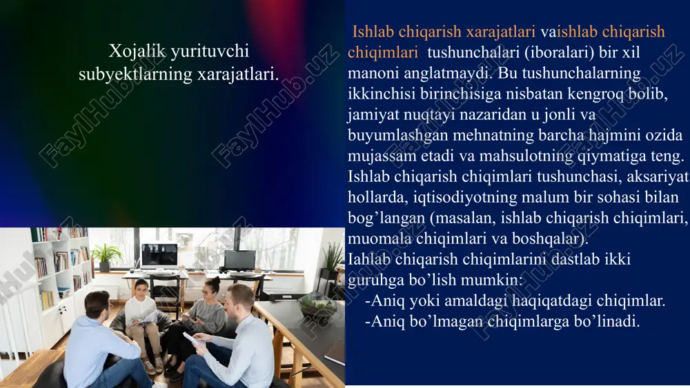 ar bilan bog'liq xarajatlar ana shunday xarajatlar hisoblanadi. egri (bilvosita) xarajatlar butun xyusda ishlab chiqarish jarayonini amalga oshirish yoki mahsulotlaming bir necha turlarini ishlab chiqarish bilan bog'liq bo'ladi. masalan, binolar va dastgohlarni saqlash, ularni ta’mirlash xarajatlari, boshqaruv apparatiga tegishli bo'lgan ish haqi xarajatlari chiqimlami kamaytirish xyus ishi samaradorligini oshirishning eng muhim yo'nalishlaridan biri hisoblanadi. odatda, chiqimlarni kamaytirishning quyidagi asosiy yo'llari ajratilib ko'rsatiladi: • resurslami tejaydigan ishlab chiqarish innovatsion texnologiyalarni qo'llash; • mehnat unumdorligini oshirish; • ishlab chiqarishni tashkil qilish va boshqarish sifatini yaxshilash; • kadrlaming malakaviy darajasini oshirish; • xyus taraqqiyotining strategik maqsadlarini asoslash va qabul qilingan strategiyani aniq ijro etish; • xyusni boshqarish texnikasi va texnologiyasini takomillashtirish, qabul qilingan boshqaruv qarorlarining asoslanganligini ta’minlash; • xom-ashyo va material xarajatlarining salmog'ini pasaytirish, ta’minlovchi xizmatlaming uzluksiz ishlashiga erishish; • marketing xizmatining samarali ishlashi, xyusning marketing strategiyasini ishlab chiqish va amalga oshirish; • xyusdagi yo'qotmalaming barcha ko'rinishlarini qisqartirish, chiqindilar, ikkilamchi materiallar va energoresurslardan, …