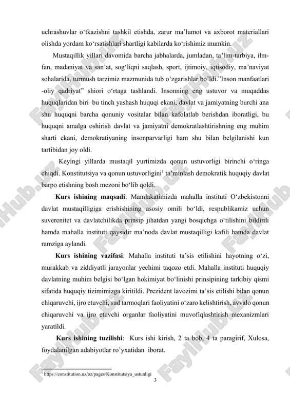spublikamiz uchun suverenitet va davlatchilikda prinsip jihatdan yangi bosqichga o‘tilishini bildirdi hamda mahalla instituti qaysidir ma’noda davlat mustaqilligi kafili hamda davlat ramziga aylandi. kurs ishining vazifasi: mahalla instituti ta’sis etilishini hayotning o‘zi, murakkab va ziddiyatli jarayonlar yechimi taqozo etdi. mahalla instituti huquqiy davlatning muhim belgisi bo‘lgan hokimiyat bo‘linishi prinsipining tarkibiy qismi sifatida huquqiy tizimimizga kiritildi. prezident lavozimi ta’sis etilishi bilan qonun chiqaruvchi, ijro etuvchi, sud tarmoqlari faoliyatini o‘zaro kelishtirish, avvalo qonun chiqaruvchi va ijro etuvchi organlar faoliyatini muvofiqlashtirish mexanizmlari yaratildi. kurs ishining tuzilishi: kurs ishi kirish, 2 ta bob, 4 ta paragirif, xulosa, foydalanilgan adabiyotlar ro’yxatidan iborat. i bob. o'zbekistonda mahalla institutining joriy etilishining ahamiyati 1.1 mustaqil o’zbekiston respublikasining tashkil topishi va uning tarixiy ahamiyati o‘zbekiston respublikasi konstitutsiyasining xix bobi mahalla institutiga bag‘ishlangan. unga ko‘ra o‘zbekiston respublikasining prezidenti davlat boshlig‘idir va davlat hokimiyati organlarining kelishilgan holda faoliyat yuritishini hamda hamkorligini ta’minlaydi. bundan yigirma yetti yil avval, 1990 yil 24 martda …