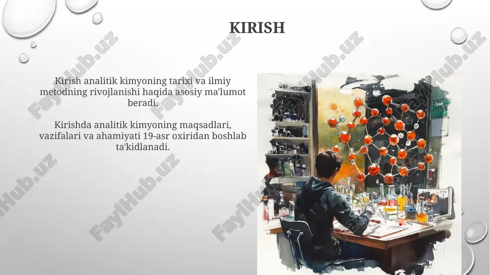 . 19-asrda spektroskopiya usullarining rivojlanishi, masalan, bunzen va kirchhoffning spektral tahlili, yangi elementlarni kashf etishga va moddalarni aniqlashga imkon berdi. ma'lumotlarni tahlil qilish va xulosalar chiqarish ma'lumotlarni tahlil qilishda 95% ishonch intervali statistik ahamiyatga ega bo'lgan natijalarni aniqlashga yordam beradi, xatolik ehtimolini 5% gacha kamaytiradi. regression tahlili o'zgaruvchilar o'rtasidagi bog'liqlikni aniqlash uchun ishlatiladi; r-kvadrat qiymati 0.75 bo'lsa, model ma'lumotlarning 75% ini tushuntiradi. ilmiy metodning rivojlanishi: paradigma o'zgarishlari kuhnning ta'kidlashicha, ilm-fan 4 bosqichdan o'tadi: normal fan, inqiroz, inqilob va yangi normal fan, bu 1962-yilda "ilmiy inqiloblar strukturasi" kitobida batafsil yoritilgan. paradigma almashinuvi - mavjud ilmiy keraksiz tushuntirishlari o'rniga yangi, kengroq tushuntirishlar paydo bo'lishi, bu esa ilmiy dunyoqarashda tub o'zgarishlarga olib keladi. analitik kimyoda ilmiy metodning qo'llanilishi analitik kimyoda ilmiy metod, masalan, namunani aniqlash uchun gipotezani shakllantirish va keyin eksperimentlar orqali uni sinashni o'z ichiga oladi. ilmiy metod jarayonida, natijalarni statistik tahlil qilish orqali, xatoliklar va noaniqliklar hisobga olinadi, bu esa ishonchli …