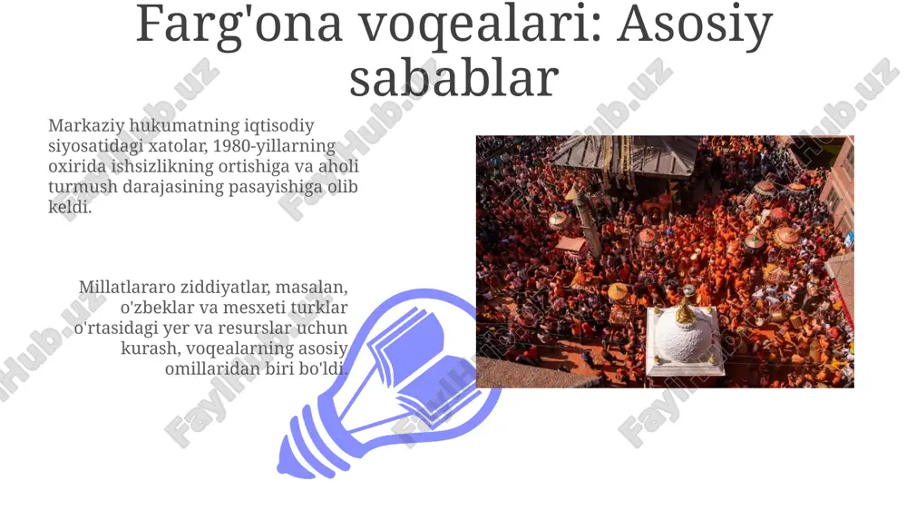ng rivojlanishiga turtki berdi. mustaqillikdan so'ng, milliy o'zlikni anglashga qaratilgan 1992-yilgi konstitutsiyada o'zbek tili davlat tili deb e'lon qilindi. qadriyatlarni tiklash 01 02 'qadriyatlarni tiklash' 1980-yillarning oxirida milliy o'zlikni anglashning o'sishi bilan bog'liq bo'lib, xalq merosini qayta tiklashga qaratilgan. sales 1st qtr 2nd qtr 100 0 sales 1st qtr 2nd qtr 100 0 ma'naviy yuksalish ma'naviy yuksalish - bu jamiyatning 20 dan ortiq yillik milliy qadriyatlarga qaytishi va 30 yoshgacha bo'lgan yoshlarning ma'naviy kamolotiga e'tiborni kuchaytirishdir. 2017-yilda o'zbekistonda boshlangan ma'naviy yuksalish davri, milliy o'zlikni anglash, 4 ta asosiy tamoyilga asoslangan yangi bosqichdir. ijtimoiy adolatni ta'minlash ijtimoiy adolatni ta'minlashda 1990-yildagi voqealardan so'ng, aholining zaif qatlamlariga 30 dan ortiq turdagi moddiy va ma'naviy yordam ko'rsatish muhim ahamiyatga ega bo'ldi. 200 mingdan ziyod fuqaroning huquqlari tiklandi; ularning mulkiy va nomulkiy manfaatlarini himoya qilish maqsadida 5 ta maxsus komissiya tuzildi va faoliyat yuritdi. kelajak avlodlar uchun saboqlar saboq: ijtimoiy adolatni ta'minlash, ishsizlikni kamaytirish va …