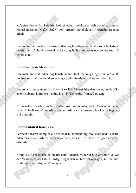 bir ferment o'ziga xos optimal ph darajasiga ega, masalan, pepsin uchun 2,0 va tripsin uchun 8,0. substrat kontsentratsiyasi reaktsiya tezligini oshiradi, lekin vmax ga yetganda, barcha faol markazlar to'yingan bo'ladi va tezlik o'zgarmaydi, bu esa michaelis-menten kinetikasini namoyon etadi. temperatura ta'siri optimal harorat fermentning maksimal faolligini namoyish etadigan harorat diapazoni bo'lib, odatda inson tanasi uchun 37 daraja selsiy atrofida bo'ladi. haroratning har 10 daraja selsiyga oshishi ko'pincha ferment reaktsiyasi tezligini 2 barobar yoki undan ham ko'proq oshiradi, bu q10 koeffitsienti bilan ifodalanadi. yuqori haroratlarda, masalan, 60 daraja selsiydan yuqori, ferment denaturatsiyaga uchrashi mumkin, bunda proteinning tuzilishi buziladi va faollik butunlay yo'qoladi. ph ta'siri enzimlar faolligi optimal ph qiymatida eng yuqori bo'ladi, lekin ph 1-2 birlikka o'zgarganda, faollik keskin pasayadi va denaturatsiya yuz berishi mumkin. ko'pgina fermentlar neytral ph (6-8) atrofida optimal faollikka ega, ammo pepsin kabi istisnolarning optimal ph qiymati juda kislotali muhitda, taxminan 2.0 ga teng. ph ta'siri fermentning …