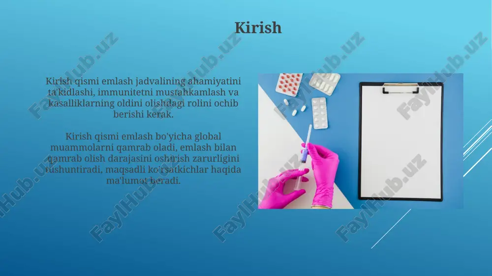upressantlar) emlashning samaradorligi pasayishi mumkin, shuning uchun dozani kamaytirish yoki to'xtatish muhim. vaktsinatsiya oldidan tekshiruvlar vaktsinatsiya oldidan umumiy ahvolni baholash muhim, tana haroratini o'lchash (36.5-37.5°c normal), terining rangini va nafas olishni tekshirish shart. allergiya tarixi aniqlanadi, ayniqsa avvalgi vaktsinalarga yoki dori vositalariga bo'lgan reaktsiyalar, chunki ular jiddiy ta'sirlarni keltirib chiqarishi mumkin. vaktsinatsiya xonasiga talablar vaktsinatsiya xonasi minimal maydoni 12 kvadrat metr bo'lishi, yaxshi yoritilgan va shamollatiladigan bo'lishi, harorati 18-25 daraja selsiyda saqlanishi kerak. xonada vaktsinalarni saqlash uchun maxsus sovutgich (2-8 daraja selsiy) bo'lishi, haroratni doimiy ravishda monitoring qilish va qayd etish tizimi bilan ta'minlangan bo'lishi shart. vaktsinani saqlash va tashish qoidalari vaktsinalarni +2°c dan +8°c gacha bo'lgan haroratda, sovitkichda maxsus joyda saqlash kerak, muzlatgichning eshigidan uzoqda. haroratni muntazam tekshirib turish muhim. tashishda vaktsinalar sovuq zanjirini saqlash uchun vaktsina tashuvchilari yoki termos konteynerlarda muzlatgich elementlari bilan ta'minlanadi, harorat nazorat qilinadi. vaktsinatsiya xatosini boshqarish emlash xatosini boshqarishda 24-48 soat ichida tibbiy xodimlarni …