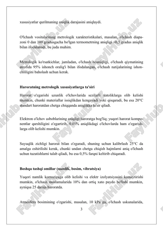 agi o'zgarishlar nol nuqtasining siljishiga olib kelishi mumkin, odatda to'liq shkala bo'yicha ±0.1% gacha bo'ladi, bu esa o'lchash xatoligiga ta'sir qiladi. vibratsiyaning ta'siri vibratsiyalar o'lchash asboblarining aniqligiga sezilarli ta'sir ko'rsatishi mumkin, ayniqsa, tebranish chastotasi asbobning tabiiy rezonans chastotasiga yaqin bo'lganda, bu xatolikka olib keladi. yuqori chastotali vibratsiyalar (masalan, 100 hz dan yuqori) o'lchash natijalarida o'rtacha qiymatdan og'ishlarni keltirib chiqarishi mumkin, bu esa kichik signallarni aniqlashni qiyinlashtiradi. vibratsiyalar natijasida yuzaga keladigan mexanik zo'riqishlar va deformatsiyalar o'lchash asboblarining kalibrlash koeffitsientlarini o'zgartirishi mumkin, shu sababli aniqlik pasayadi. elektromagnit maydonlarning ta'siri elektromagnit maydonlar o'lchash asboblarining aniqligiga sezilarli ta'sir ko'rsatishi mumkin, xususan, sezgir elektron komponentlarga shovqin qo'shib, 0.1-1% gacha xatoliklarni keltirib chiqaradi. magnit maydonlar o'lchash asboblarining metall qismlarida, 10 mt dan ortiq kuchlanishda, o'zgarishlarni keltirib chiqarishi mumkin va bu natijada o'lchash ko'rsatkichlariga ta'sir qiladi. radiochastotali elektromagnit maydonlar (1 mhz dan 1 ghz gacha) o'lchash zanjirlarida noto'g'ri signallarni hosil qilishi va 0.5 dbm gacha quvvatni o'zgartirishi …