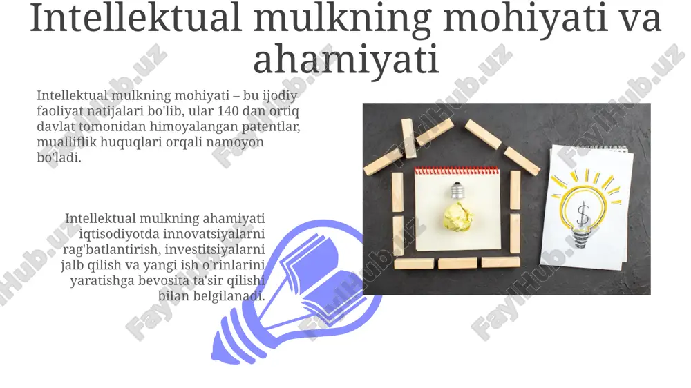 % gacha qoplab beradi. intellektual mulk va startaplar startaplar o'zining intellektual mulkini, jumladan, patentlar va savdo markalarini himoya qilish uchun erta bosqichda 10 ming aqsh dollarigacha sarmoya kiritishi kerak. venture kapitali firmalari startaplarga 50% gacha baho berishda intellektual mulk portfelining sifatini va qamrovini hisobga oladi, bu esa moliyalashtirishga ta'sir qiladi. intellektual mulkni buxgalteriya hisobida aks ettirish intellektual mulk obyektlari balansda nomoddiy aktiv sifatida 0100 schyotida, ularning dastlabki qiymati bo'yicha aks ettiriladi. bu aktivlar qiymati amortizatsiya orqali bosqichma-bosqich qoplanadi. nomoddiy aktivlarni hisobga olishda, ularning foydali xizmat muddati aniqlanadi (2 yildan ortiq). amortizatsiya xarajatlari 9000 schyotlarida aks ettiriladi va soliqqa tortiladigan foydani kamaytiradi. xulosa va tavsiyalar 01 02 xulosa qilib aytganda, intellektual mulk 21-asr iqtisodiyotida asosiy kapital bo'lib, innovatsiyalarni rag'batlantiradi va 10 yillik patentlar orqali investitsiyalarni himoya qiladi. sales 1st qtr 2nd qtr 100 0 sales 1st qtr 2nd qtr 100 0 e'tiboringiz uchun rahmat image4.png image5.jpg image6.jpg image7.jpg image8.jpg image9.jpg image10.jpg …