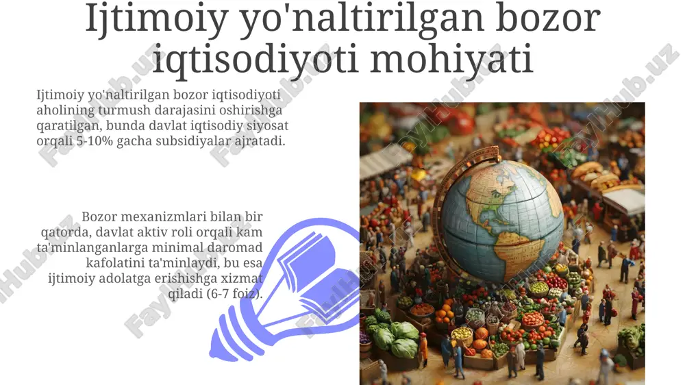 tning tartibga solish roliga asoslanadi, ish bilan ta'minlashni qo'llab-quvvatlash uchun 5% investitsiya solig'i mavjud. shvetsiyada ijtimoiy yo'naltirilgan bozor modelida soliq yuklamasi yuqori (yalpi ichki mahsulotning 49%i), davlat ijtimoiy dasturlarga 15% mablag' ajratadi. o'zbekistonda ijtimoiy yo'naltirilgan bozor iqtisodiyotini shakllantirishning o'ziga xos xususiyatlari o'zbekistonda ijtimoiy yo'naltirilgan bozor iqtisodiyotining shakllanishi davlatning aktiv ishtirokini talab etadi, bunda 1990-yillarning boshidan boshlab bosqichma-bosqich islohotlar amalga oshirilmoqda. o'zbekistonda ijtimoiy siyosat 2022-2026-yillarga mo'ljallangan taraqqiyot strategiyasida belgilangan ustuvor yo'nalishlar asosida, aholining ijtimoiy himoyasini kuchaytirishga qaratilgan. ijtimoiy yo'naltirilgan bozor iqtisodiyotini rivojlantirishning istiqbollari rivojlanish istiqbollari 2030 yilgacha aholi daromadlarini oshirish, ijtimoiy himoyani kuchaytirish va qashshoqlikni 2 barobar kamaytirish kabi maqsadlarni qamrab oladi. davlat xususiy sherikchiligi (dxsh) loyihalarini kengaytirish, infratuzilmani modernizatsiya qilish va ta’lim sifatini oshirish 2025 yilgacha investitsiyalarni 30% ga oshiradi. ijtimoiy yo'naltirilgan bozor iqtisodiyotiga o'tishdagi muammolar va ularni hal qilish yo'llari 01 02 ijtimoiy himoyaning yetarli emasligi 40% aholi uchun xavf tug'diradi. buning yechimi pensiya islohoti, subsidiyalarni maqsadli yo'naltirish va …