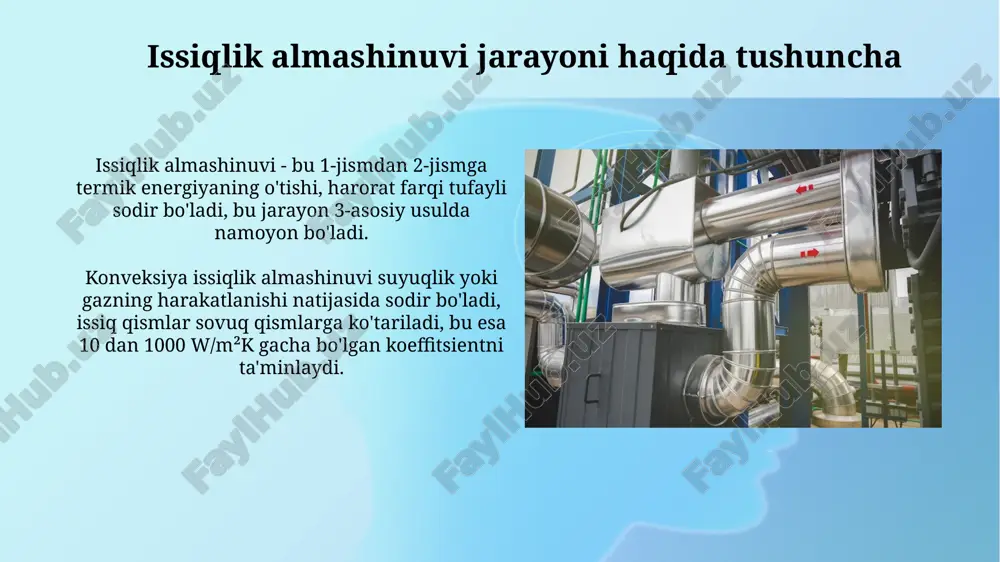 ismida ish suyuqligi bilan to'ldirilgan bo'lib, suyuqlik bug'lanib, issiqlikni yutadi, keyin kondensatsiyalanib, issiqlikni chiqaradi, shu bilan issiqlikni bir joydan boshqa joyga tez o'tkazadi. issiqlik almashinuvini loyihalash asoslari issiqlik almashinuvini loyihalashda, fourie qonuni asosiy rol o'ynaydi, bu issiqlik oqimining harorat gradyentiga proporsional ekanligini ko'rsatadi va dizaynda muhimdir. nusselt soni (nu) issiqlik almashinuvini loyihalashda konvektiv issiqlik uzatish koeffitsientini xarakterlaydi va u suyuqlikning xususiyatlariga bog'liq, bu esa muhim omildir. o'rtacha harorat farqi (lmtd) o'rtacha logarifmik harorat farqi (lmtd) issiqlik almashinuvchi qurilmalarning samaradorligini hisoblashda muhimdir, ayniqsa harorat o'zgarishi bo'ylab katta farqlar mavjud bo'lganda. lmtd parallel oqim va qarama-qarshi oqim konfiguratsiyalari uchun farq qiladi; qarama-qarshi oqim odatda 10-15% yuqori lmtd qiymatiga ega bo'ladi, bu esa samaraliroq issiqlik almashinuviga olib keladi. issiqlik o'tkazuvchanlik koeffitsienti (u) issiqlik o'tkazuvchanlik koeffitsienti (u) issiqlik o'tkazilish tezligini aniqlaydi; yuqori u qiymati 1 m² yuzadan 1 °c harorat farqida katta issiqlik oqimini ko'rsatadi. u koeffitsienti materialning issiqlik o'tkazuvchanligi (k), qalinligi (l) va …
