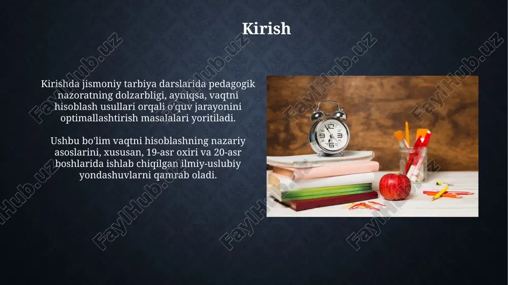 , mashqlar davomiyligi 5-10% ga o'zgarishini baholashga yordam beradi. o'quvchilarning individual vaqt ko'rsatkichlari umumiy sinf o'rtacha natijasi bilan taqqoslanadi. bu, 15-20% farq qiladigan talabalarga alohida e'tibor berishni ta'minlaydi. o'quv yuklamasini rejalashtirishda vaqt hisobining ahamiyati vaqt hisobi o'quv yuklamasini maqsadli rejalashtirishda muhim, har bir mashq uchun optimal davomiylikni (masalan, 30-60 sekund) belgilab, intensivlikni ta'minlaydi. dars jarayonida vaqtni to'g'ri taqsimlash, masalan, 10 daqiqa isinish, 25 daqiqa asosiy qism va 5 daqiqa yakuniy qism, samaradorlikni oshiradi. dars samaradorligini oshirishda vaqt hisobidan foydalanish darsda vaqtni hisoblash orqali, har bir mashq uchun ajratilgan 2-3 daqiqani to'g'ri taqsimlash, talabalarning faolligini 15-20% ga oshiradi. vaqt nazorati, masalan, 5 daqiqalik isinish vaqtini belgilash, asosiy qism uchun 25 daqiqa vaqt ajratish orqali dars samaradorligini oshiradi. o'quvchilarning individual xususiyatlarini hisobga olish har bir o'quvchining jismoniy tayyorgarlik darajasi individual. 1-guruh o'quvchilar uchun 50% yuklama, 2-guruh uchun 75% yuklama, 3-guruh uchun 100% yuklama belgilash tavsiya etiladi. o'quvchilarda mavjud bo'lgan kasalliklar (masalan, 2-toifa …